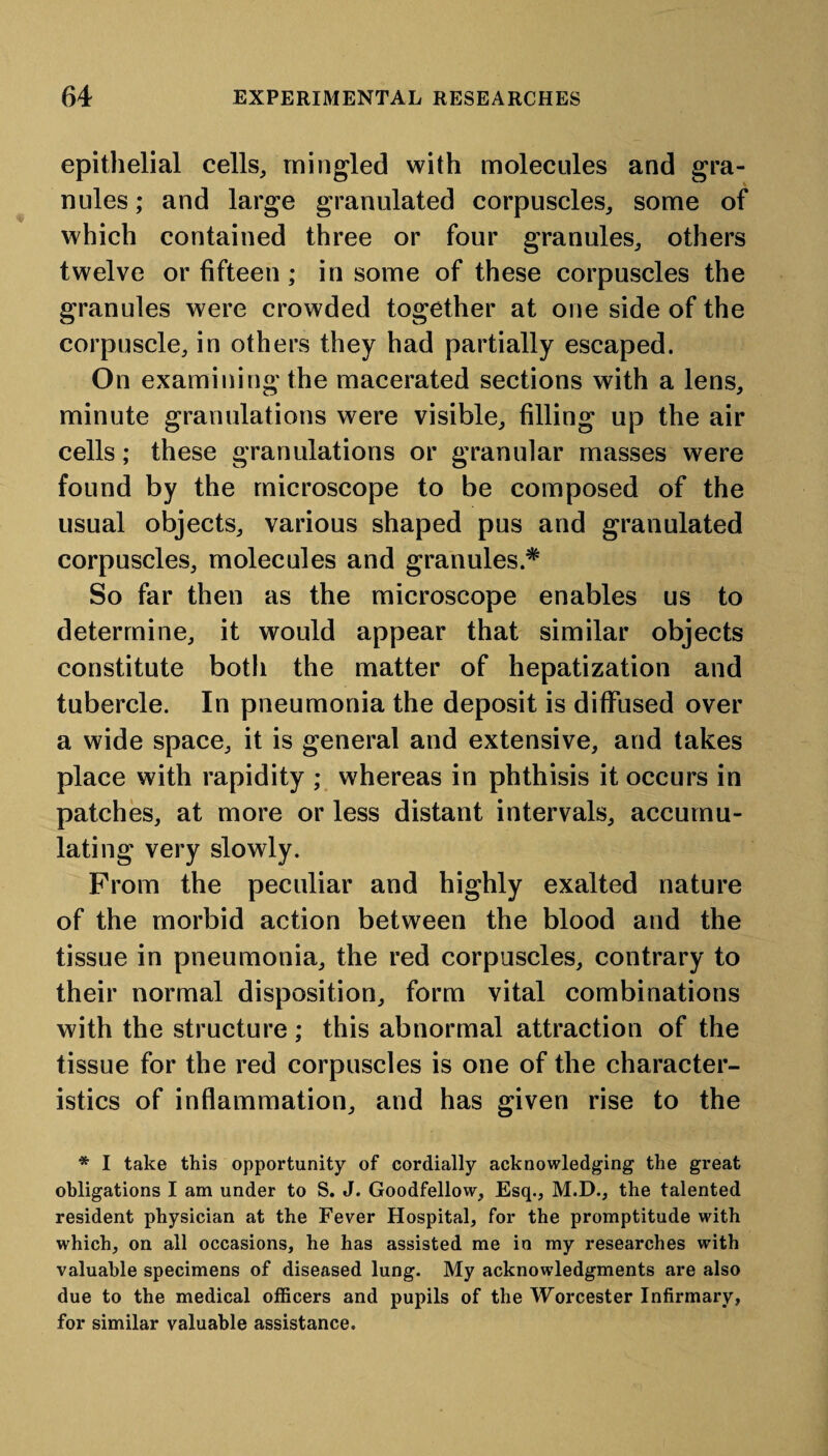 epithelial cells, mingled with molecules and gra¬ nules ; and large granulated corpuscles, some of which contained three or four granules, others twelve or fifteen ; in some of these corpuscles the granules were crowded together at one side of the corpuscle, in others they had partially escaped. On examining the macerated sections with a lens, minute granulations were visible, filling up the air cells; these granulations or granular masses were found by the microscope to be composed of the usual objects, various shaped pus and granulated corpuscles, molecules and granules* So far then as the microscope enables us to determine, it would appear that similar objects constitute both the matter of hepatization and tubercle. In pneumonia the deposit is diffused over a wide space, it is general and extensive, and takes place with rapidity ; whereas in phthisis it occurs in patches, at more or less distant intervals, accumu¬ lating very slowly. From the peculiar and highly exalted nature of the morbid action between the blood and the tissue in pneumonia, the red corpuscles, contrary to their normal disposition, form vital combinations with the structure; this abnormal attraction of the tissue for the red corpuscles is one of the character¬ istics of inflammation, and has given rise to the * I take this opportunity of cordially acknowledging the great obligations I am under to S. J. Goodfellow, Esq., M.D., the talented resident physician at the Fever Hospital, for the promptitude with which, on all occasions, he has assisted me in my researches with valuable specimens of diseased lung. My acknowledgments are also due to the medical officers and pupils of the Worcester Infirmary, for similar valuable assistance.