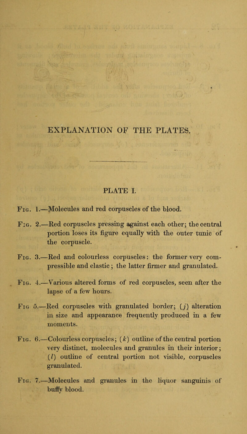 EXPLANATION OF THE PLATES. PLATE I. Fig. 1.—Molecules and red corpuscles of the blood. Fig. 2.—Red corpuscles pressing against each other; the central portion loses its figure equally with the outer tunic of the corpuscle. Fig. 3.—Red and colourless corpuscles: the former very com¬ pressible and elastic; the latter firmer and granulated. Fig. 4.-—Various altered forms of red corpuscles, seen after the lapse of a few hours. Fig 5.—Red corpuscles with granulated border; (j) alteration in size and appearance frequently produced in a few moments. Fig. 6.—Colourless corpuscles; (k) outline of the central portion very distinct, molecules and granules in their interior; (/) outline of central portion not visible, corpuscles granulated. Fig. 7.—Molecules and granules in the liquor sanguinis of buffy blood.