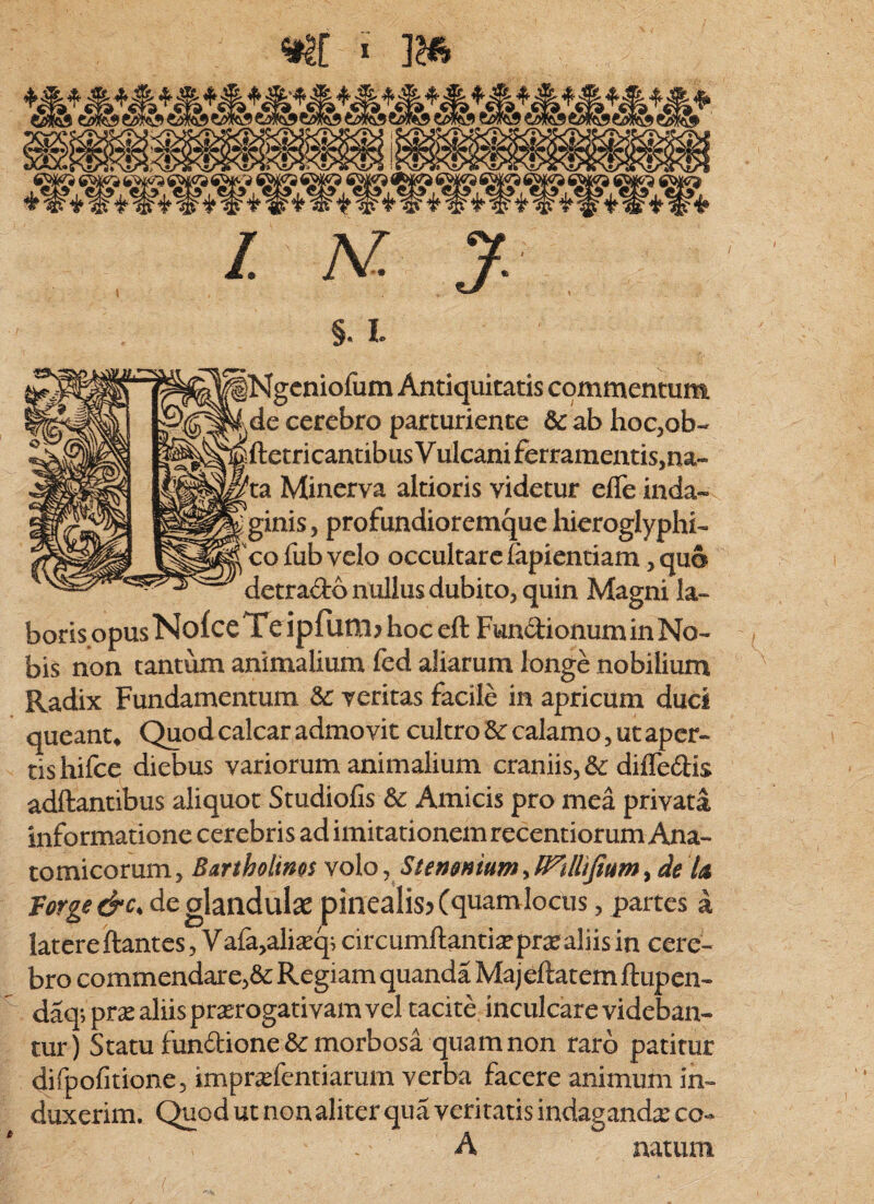 * M L H J. §. I. iNgcniofum Antiquitatis commentum ,,de cerebro parturiente & ab hoc,ob- gftetricantibusVulcani ferramentis,na- 'ta Minerva altioris videtur efle inda¬ ginis, profundioremque hieroglyphi- co fub velo occultare lapientiam, quo detra(9;6 nullus dubito, quin Magni la¬ boris opus NofceTeipfuttlj hoc eft Fundionum in No¬ bis non tantum animalium fed aliarum longe nobilium Radix Fundamentum & veritas facile in apricum duci queant. Quod calcar admovit cultro Sc calamo, ut aper¬ tis hilce diebus variorum animalium craniis, & difledis adftantibus aliquot Studiofis & Amicis pro mea privata informatione cerebris ad imitationem recentiorum Ana¬ tomicorum , Bartholims volo, Stenmum, IFtlliJtum, de U cfr. de glandulae pinealisjCquamlocus, partes a latere flantes, Va{a,ali£Eq; circumflantix prae aliis in cere¬ bro commendare,&Regiamquanda Majeflatemftupen- daq; prx aliis prxrogativam vel tacite inculcare videban¬ tur) Statu fundione & morbosa quam non raro patitur difpofitione, imprxfentiarum verba facere animum in¬ duxerim. Quod ut non aliter qua veritatis indagandx co- A natum