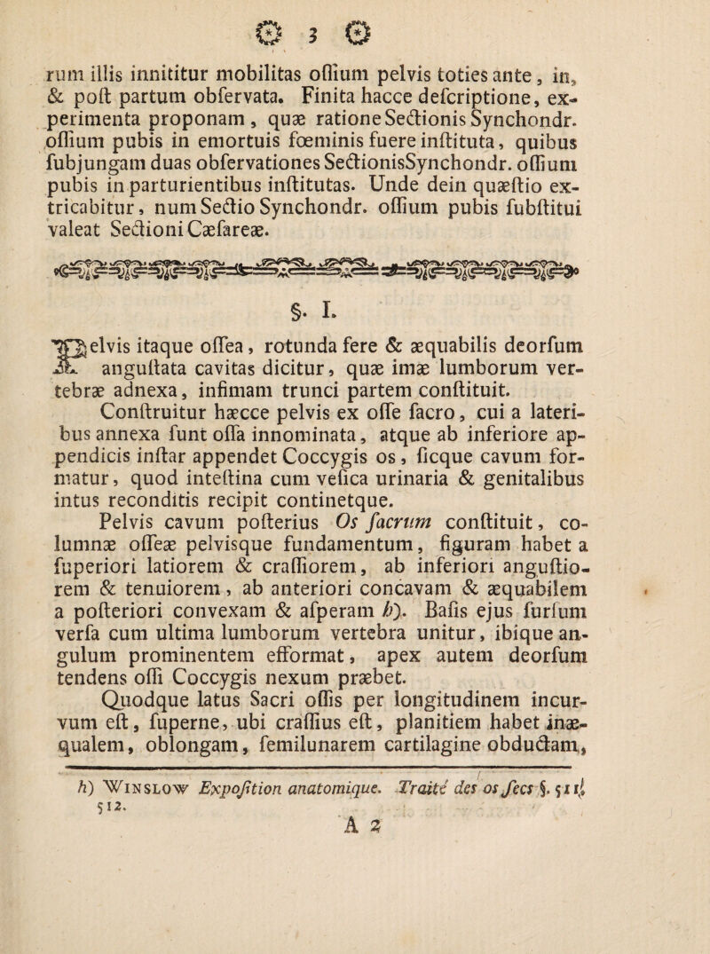 & pod partum obfervata. Finita hacce defcriptione, ex¬ perimenta proponam, quae ratione Sedionis Synchondr. offium pubis in emortuis foeminis fuere indituta, quibus fubjungam duas obfervationes SedionisSynchondr. odium pubis in parturientibus inditutas. Unde dein quaedio ex¬ tricabitur, numSedio Synchondr. offium pubis fubditui valeat SedioniCaefareae. §. L 'pelvis itaque odea, rotunda fere & aequabilis deorfum SI angudata cavitas dicitur, quae imae lumborum ver¬ tebrae adnexa, infimam trunci partem conftituit. Conftruitur haecce pelvis ex ode facro, cui a lateri¬ bus annexa funt oda innominata, atque ab inferiore ap¬ pendicis indar appendet Coccygis os, ficque cavum for¬ matur , quod intedina cum vefica urinaria & genitalibus intus reconditis recipit continetque. Pelvis cavum poderius Os facrnm condituit, co¬ lumnae odeae pelvisque fundamentum, figuram habet a fuperiori latiorem & crafiiorem, ab inferiori angudio- rem & tenuiorem, ab anteriori concavam & aequabilem a poderiori convexam & afperam h). Bafis ejus furfum verfa cum ultima lumborum vertebra unitur, ibique an¬ gulum prominentem efformat, apex autem deorfum tendens odi Coccygis nexum praebet. Quodque latus Sacri offis per longitudinem incur¬ vum ed, fuperne, ubi craffius ed, planitiem habet inae¬ qualem, oblongam, femilunarem cartilagine obdudam, h) Winslow Expojition anatomique. Traitc des osjecs §. 511 i