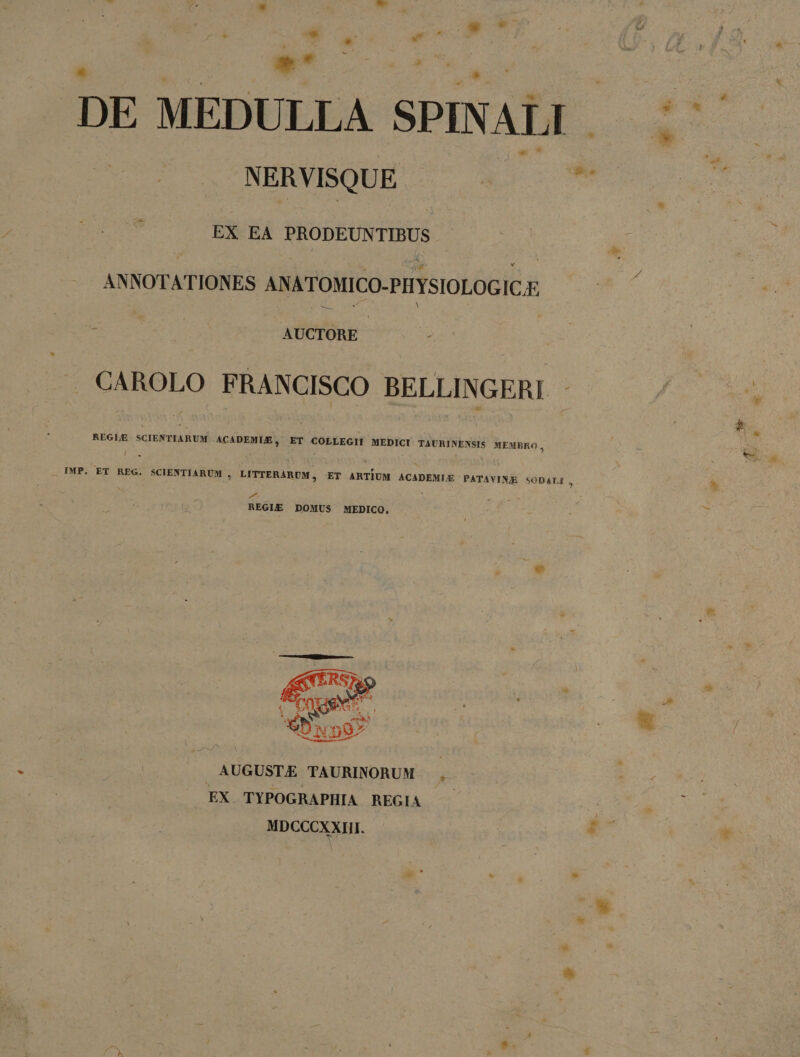 - ET. oue DE MEDULLA SPINALI NERVISQUE EX EA PRODEUNTIBUS ANNOTATIONES ANLTONICO-PISIOLOGICI veons CAROLO FRANCISCO BELLINGERI REGLE£ SCIENTIARUM XCADEMUE , ET COLLEGII MEDICI TAURJNENSIS MEMBRO , IMP. ET REG. SCIENTIARUM , LITTERARUM , ET ARTIUM ACADEMILE PATAVINE SODALI 2 REGLE DOMUS MEDICQ, tl 4A d ev. Ar TS A AUGUSTE TAURINORUM * EX TYPOGRAPHIA REGIA MDCCCXXIII. x PD