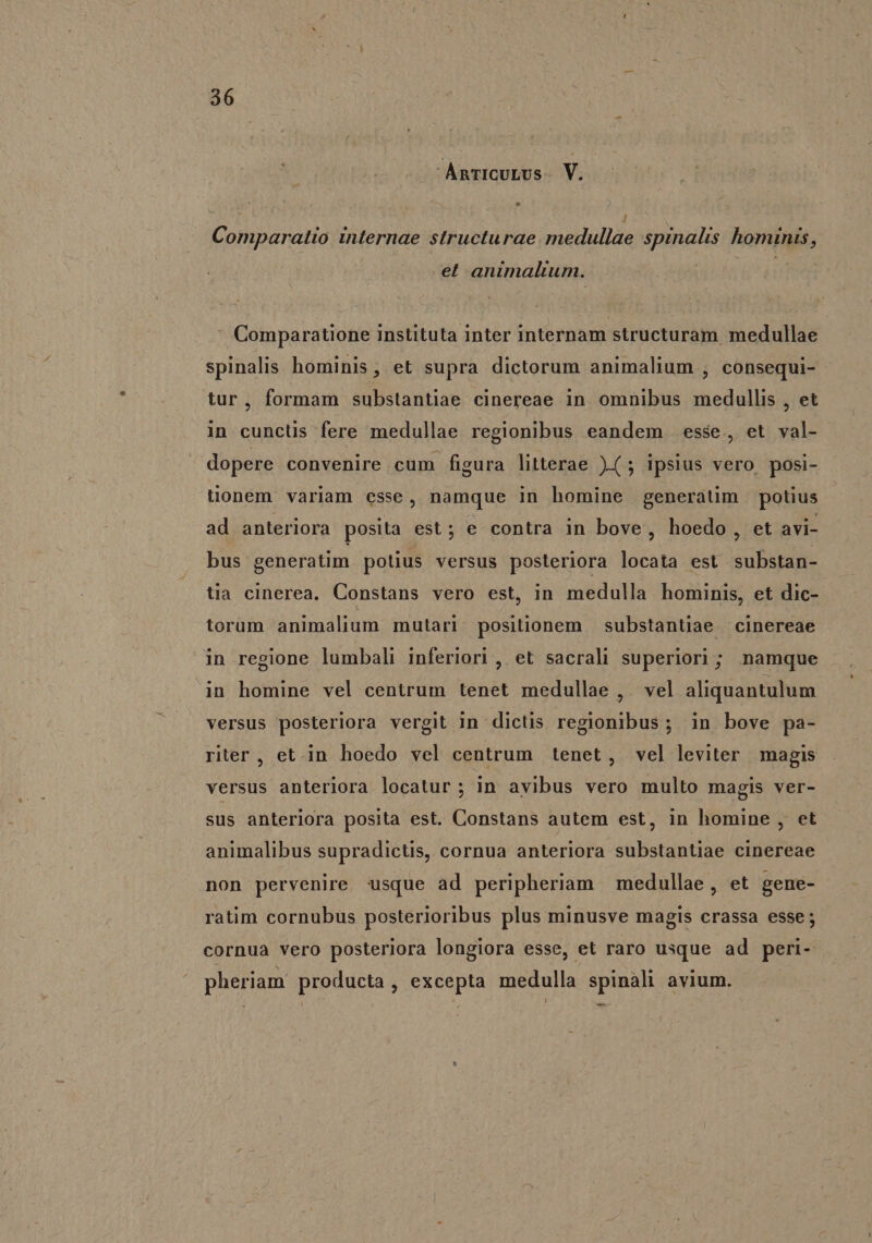 AnrICULUs. V. * | Comparatio internae structurae. medullae spinalis hominis, et animalium. Comparatione instituta inter internam structuram medullae spinalis hominis, et supra dictorum animalium , consequi- tur, formam substantiae cinereae in omnibus medullis , et in cunctis fere medullae regionibus eandem . esse , et val- dopere convenire cum figura litterae )(; ipsius vero posi- tonem variam esse, namque in homine generatüm potius ad anteriora posita est; e contra in bove, hoedo, et avi- bus generatim potius versus posteriora locata est substan- tia cinerea. Constans vero est, in medulla hominis, et dic- torum animalium mutari positionem substantiae cinereae in regione lumbali inferiori , et sacrali superiori; namque in homine vel centrum tenet medullae , . vel aliquantulum versus posteriora vergit in dictis regionibus ; in bove pa- riter , et. in hoedo vel centrum tenet, vel leviter magis versus anteriora locatur; in avibus vero multo magis ver- sus anteriora posita est. Constans autem est, in homine , et animalibus supradictis, cornua anteriora substantiae cinereae non pervenire usque ad peripheriam medullae, et gene- ratim cornubus posterioribus plus minusve magis crassa esse ; cornua vero posteriora longiora esse, et raro usque ad peri- pheriam preddrta y VR EnpUS medulla SN avium.