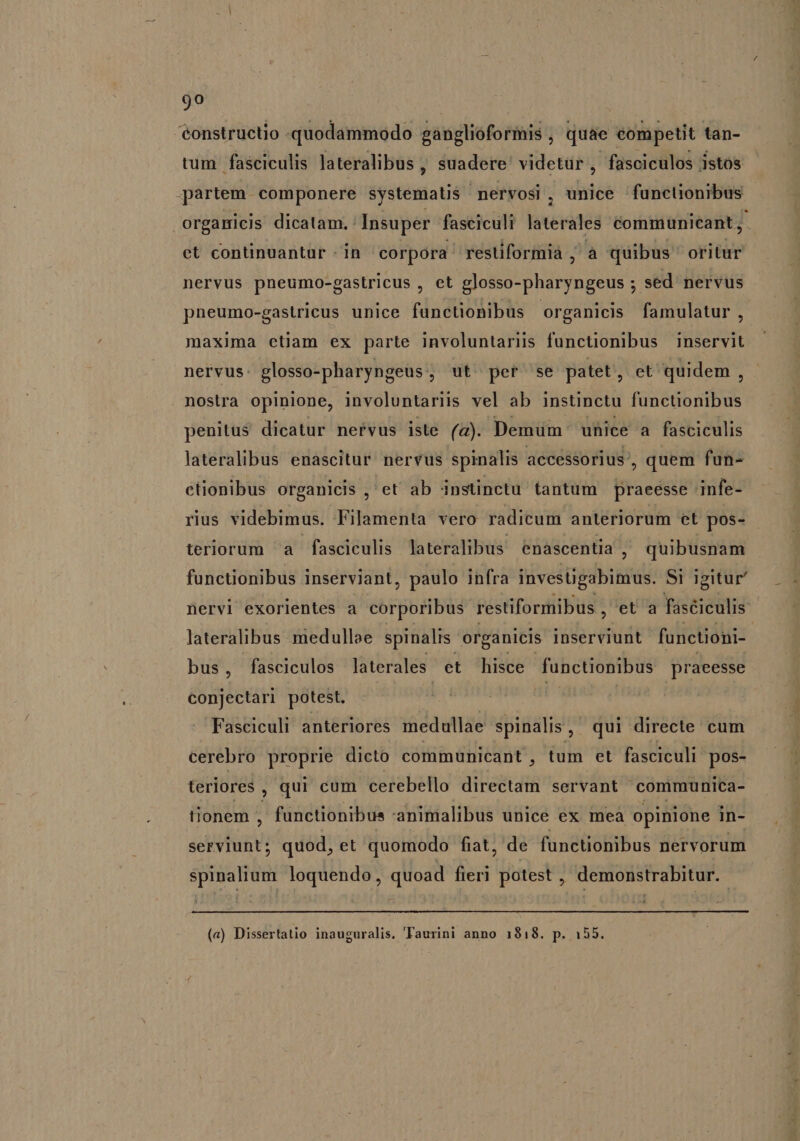 go éonstruetio quodammodo ganglioforiis, quae eompetit tan- tum fasciculis lateralibus , suadere' videtür , fasciculos istos partem. componere systematis nervosi, unice functionibus et continuantur in corpora restiformià , à quibus oritur nervus pneumo-gastricus : et glosso-pharyngeus ; sed nervus pneumo-gastricus unice functionibus organicis famulatur , maxima etiam ex parte involuntariis functionibus inservit nervus: glosso-pharyngeus; ut^ per se patet, et quidem , nostra opinione, involuntariis vel ab instinctu functionibus penitus dicatur nervus iste (a). Demum ' uhice a fasciculis lateralibus enascitur nervus spinalis accessorius', quem fun- ctionibus organicis , et ab instinctu. tantum praeesse infe- rius videbimus. Filamenta vero radicum anteriorum et pos- teriorum ^a fasciculis lateralibus enascentia , quibusnam functionibus inserviant, paulo infra invesugabimus. Si igitur nervi exorientes a Lebe restiformibus , et a faséiculis lateralibus medullae spinalis organicis inserviunt functioni-- bus, fasciculos laterales et hisce functionibus praeesse conjectari potest. Fasciculi anteriores medullae spinalis, qui directe cum cerebro proprie dicto communicant , tum et. fasciculi |pos- teriores , qui cum cerebello directam servant communica- tionem , functionibus animalibus unice ex mea opinione in- iain quod, et quomodo fiat, de functionibus nervorum jim loquendo, He fieri potest , demonstrabitur. (a) Dissertatio inauguralis. Taurini anno 1818. p. 155. &amp;