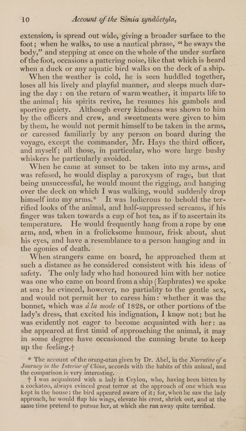 extension, is spread out wide, giving a broader surface to the foot; when he walks, to use a nautical phrase, “ he sways the body,” and stepping at once on the whole of the under surface of the foot, occasions a pattering noise, like that which is heard when a duck or any aquatic bird walks on the deck of a ship. When the weather is cold, he is seen huddled together, loses all his lively and playful manner, and sleeps much dur¬ ing the day : on the return of warm weather, it imparts life to the animal; his spirits revive, he resumes his gambols and sportive gaiety. Although every kindness was shown to him by the officers and crew, and sweetmeats were given to him by them, he would not permit himself to be taken in the arms, or caressed familiarly by any person on board during the voyage, except the commander, Mr. Hays the third officer, and myself; all those, in particular, who wore large bushy whiskers he particularly avoided. When he came at sunset to be taken into my arms, and was refused, he would display a paroxysm of rage, but that being unsuccessful, he would mount the rigging, and hanging over the deck on which I was walking, would suddenly drop himself into my arms.* It was ludicrous to behold the ter¬ rified looks of the animal, and half-suppressed screams, if his finger was taken towards a cup of hot tea, as if to ascertain its temperature. He would frequently hang from a rope by one arm, and, when in a frolicksome humour, frisk about, shut his eyes, and have a resemblance to a person hanging and in the agonies of death. When strangers came on board, he approached them at such a distance as he considered consistent with his ideas of safety. The only lady who had honoured him with her notice was one who came on board from a ship (Euphrates) we spoke at sea; he evinced, however, no partiality to the gentle sex, and would not permit her to caress him: whether it was the bonnet, which was ala mode of 1828, or other portions of the lady’s dress, that excited his indignation, I know not; but he was evidently not eager to become acquainted with her: as she appeared at first timid of approaching the animal, it may in some degree have occasioned the cunning brute to keep up the feeling.f # The account of the orang-utan given by Dr. Abel, in the Narrative of a Journey in the Interior of China, accords with the habits of this animal, and the comparison is very interesting. f I was acquainted with a lady in Ceylon, who, having been bitten by a cockatoo, always evinced great terror at the approach of one which was kept in the house: the bird appeared aware of it ,* for, when he saw the lady approach, he would flap his wings, elevate his crest, shriek out, and at the same time pretend to pursue her, at which she ran away quite terrified.