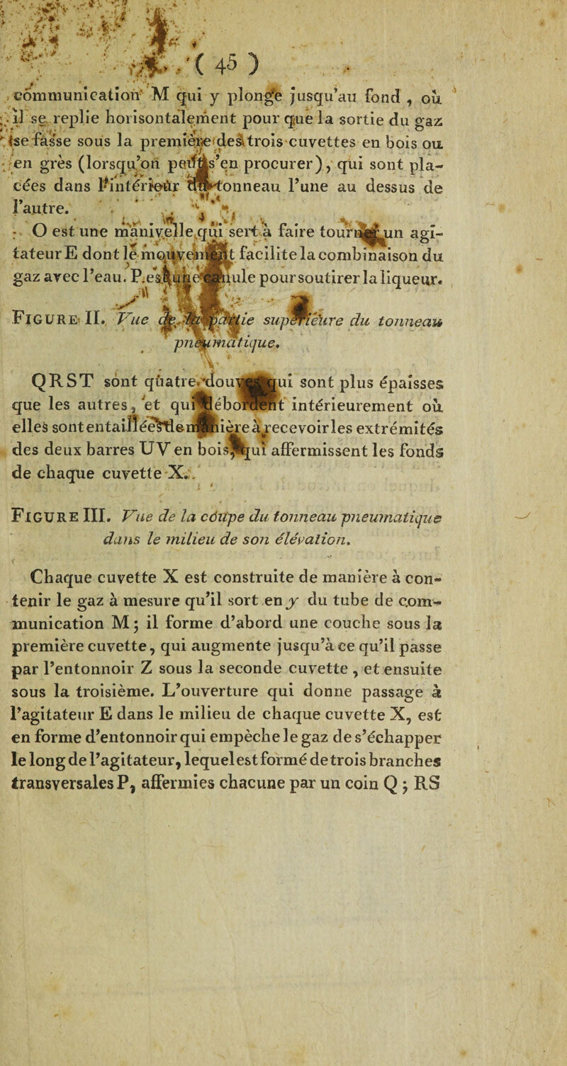 vil se replie horisontalement pour que la sortie du oaz tse fàs'se sous la première'deâtrois cuvettes en bois ou en grès (lorsqu’on pernàs’en procurer), qui sont pla¬ cées dans Pintérïeûr tuMonneau l’une au dessus de I autre. ,, * *. : O est une ma ni v el 1 e q ui sertà faire touri^tf^un agi¬ tateur E dont le mquvein®t facilite la combinaison du gaz arec l’eau.  *• FjgüR& II. Vue a Llnle pour soutirer la liqueur. ie sup^iêure du tonneau dtique, -|v •*' ^ ' QRST sont quatre, xlouy^jgui sont plus épaisses que les autres, et qui%ébo?§ènt intérieurement où, elles sont entaifléehlerrlPiièreà^recevoirles extrémités des deux barres UV en boisfquî affermissent les fonds de chaque cuvette X». FIGURE III. Vue de la côitpe du tonneau pneumatique dans le milieu de son élévation. Chaque cuvette X est construite de manière à con¬ tenir le gaz à mesure qu’il sort en y du tube de com¬ munication M ; il forme d’abord une couche sous la première cuvette, qui augmente jusqu’à ce qu’il passe par l’entonnoir Z sous la seconde cuvette , et ensuite sous la troisième. L’ouverture qui donne passage à l’agitateur E dans le milieu de chaque cuvette X, est en forme d’entonnoir qui empêche le gaz de s’échapper le long de l’agitateur, lequel est formé de trois branches transversales P, affermies chacune par un coin Q \ RS