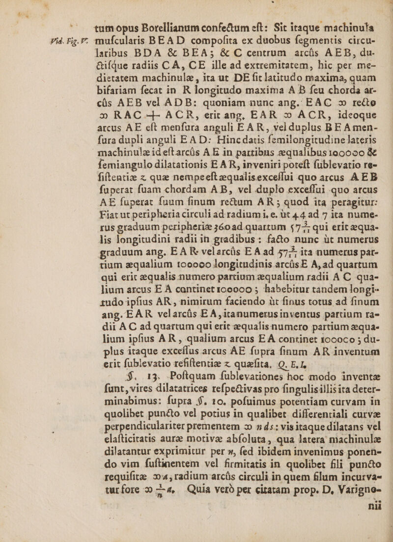 &amp; Vid. Fig. F^ * tum opus Borellianum confe&amp;um eft: Sit itaque machinula mufcularis BE A D compofita ex duobus fegmentis circu- laribus BDA &amp; BEA; &amp; C centrum arcüs AEB, du- &amp;ifque radiis CA, CE ille ad extremitatem, hic per me- distatem machinule, ita ut DE fit latitudo maxima, quam bifariam fecat in. R longitudo maxima A B fcu chorda ar- cüs AEB vel ADB: quoniam nunc ang. EAC » recto 2 RAC 4- ACR, erit ang, EAR » ACR, ideoque arcus AE eft menfura anguli EAR, velduplus B E Amen- fura dupli anguli EA D: Hinc datis femilongitudine lateris femiangulo dilatationis E AR, inveniri poteft fublevatio re- fitentize z quae nempeeftzqualisexceffui quo arcus AEB fuperat fuam chordam A B, vel duplo exceflui quo arcus AE fuperat fuum finum re&amp;um AR ; quod ita peragitur: Fiat ut peripheria circuli ad radium i, e. üt 44 ad 7 ita nume- rus graduum peripheriz 360ad quartum $72 qui erit eequa- lis longitudini radii in gradibus: fa&amp;o nunc ut numerus graduum ang. E A R: velarcüs E A ad 57 ita numerus par- tium zequalium tooooo longitudinis arcüsE A, ad quartum qui eric equalis numero partium zequalium radii A C. qua- lium arcus E À cantinet roooco ; habebitur tandem longi- 1udo ipfius AR , nimirum faciendo üt finus totus ad finum ang.EAR velarcüs E A ,itanumerus inventus partium ra- dii A C ad quartum qui erit aequalis numero partium zqua- lium ipfius AR , qualium arcus EA continet 1000co ; du- plus itaque exceflus arcus AE fupra finum AR inventum erit füblevatio refiftentize z quaefita, Q. E. 1, $. 13. .Poftquam fublevationes hoc modo invente funt, vires dilatatrices refpe&amp;ivas pro fingulisillisita deter- minabimus: fupra $. 10. pofuimus potentiam curvam in quolibet puncto vel potius in qualibet differentiali curvae perpendiculariter prementem 20 5 d: vis itaque dilatans vel elafticitatis aure motiva abfoluta, qua latera machinulee dilatantur exprimitur per », (ed ibidem invenimus ponen- do vim fuftinentem vel firmitatis in quolibet fili puncto requifite. 204, radium arcüs circuli in quem filum incurva- turfore 0 7-4, Quia vero per citatam prop. D, Varigno- nii