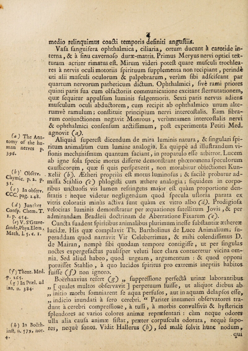 (a) The Ana- tomy of thc hu- Kiaa ncryes p. (h) Obfery. Chymic. p. 2. p# 31. ) In obferv. CCC. pag. i4k. ( d) Juncker Confp. Chem.T. *• P* 4?4* ft) V..S’Grave- iande,Phys.Elem, Math. 1. 5. c. x. (/) Theor. Med. f • its- (g ) Ia Prasl. ad hw. n. 38 4* (h) In Boerh. inft, n. 579. nor* 4* medio relinquimus coa&t temporis definiti anguftiif. Vafa fanguifera ophthalmica, ciliaria, ortum ducunt k carotide in** terna, <3c a linu cavernofo durae-matris. Primus Meryus nervi optici tec¬ turam acriter rimatus eft. Mirum videri poteft quare mufculi trochlea¬ res a nervis oculi motoriis fpirituum fupplementa non recipiant, perinde uti alii mufculi oculorum & palpebrarum, verum libi adfcifcant par quartum nervorum patheticum diftum. Ophthalmici, five rami priores quinti paris fua cum olfactoriis communicatione excitant fcernutationem, quae fequitur appulfum luminis fulgentioris. Sexti paris nervus adiens mu i culum oculi abduCtorem, cum recipit ab ophthalmico unum alte- riimve ramulum; conllituit principium nervi intercoftalis. Eam fibra¬ rum conjunCtionem negavit Monrous , veriimtamen intercoftalis nervi Sc ophthalmici confenfum arCtiffimum, poft experimenta Petiti Med» agnovit (V). Aliquid fupereft dicendum de mira luminis natura, & lingulari fpi- ritum animalium cum lumine analogia. Ea quippe ad il! uftrandum vi- fionis mechanifmum quantum faciant, in propatulo efle arbitror. Lucem ab igne foia fpecie motus differre demonftrant phaenomena fpeeulorum caufticorum, quae fi quis perfpexerit, non morabitur objediones Kun- Kelii Qbi). Aftheri proprius eft motus luminofus ; & facile probatur ad- miffa Stahlio (O phlogifti cum aethere analogia; liquidem in corpo¬ ribus uqCtuofis vis lumen refringens major eft. quam proportione den- fitatis : keque videtur negligendum quod fpecula uftoria parata ex vitris coloratis miniis afliva funt quam ex vitro albo fdj. Prodigiofa velocitas luminis demonftratur per aequationes fatellitum Jovis per admirandam Bradleii doCtrinam de Aberratione Fixarum CO- CunCta fuadent fpiritibus animalibus plurimum ineffe fubftantiae aetheres lucidae. His quae compilavit Th. Bartholinus de Luce Animalium; fu- peraddam quod narravit Vir Celeberrimus, 6c mihi colendiffmuis D. de Mairan, nempe libi quodam tempore contigiffe , ut per lingulas noctes expergefactus paulifper veluti luce clara contueretur vicina om¬ nia. Sed aliud habeo, quod urgeam, argumentum : <3c quod opponi potuiffet Stahlio , a quo lucidos fpiritus pro extremis ineptiis habitos fiiiffe (fj non ignoro. Boerhaavius refert Qg) „ fuppreflione perfefta urinae laborantibus ,, [ quales multos obfervavit ] perpetuum fuiffe, ut aliquot diebus ab ,, initio morbi fomniarent fe aqua perfufos, aut in aquam delapfos efte, „ indicio inundati a fero cerebri. “ Pariter innumeri obfervatores tra¬ dunt a cerebri compreffione, a tuffi, a morbis convulfivis &. hyftericis fplendores ac varios colores animae reprsefentari : cum neque odores ulla alia caufa animae fiftat, praeter corpufcula odorata, neque fapo- res, neque fonos. Vidit Hallerus (h'), fed male folvit hunc nodum .