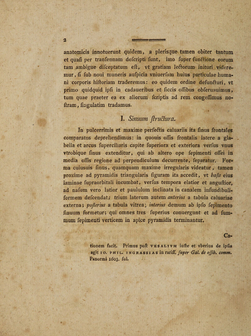 anatomicis innotuerunt quidem, a plerisque tamen obiter tantum et quafi per tranfennam defcripti funt, imo fuper funftione eorum tam ambigue difceptatum elt, vt gratiam leftorum inituri videre¬ mur, ii fub noui muneris aufpicia vniuerfam huius particulae huma¬ ni corporis hiftoriam traderemus: eo quidem ordine defunfturi, vt primo quidquid ipfi in cadaueribus et ficcis olfibus obferuauimus, tum quae praeter ea ex aliorum fcriptis ad rem congelfimus no- ftram, lingulatim tradamus. * t I. Sinuum ftruftura. In pulcerrimis et maxime perfeftis caluariis ita finus frontales comparatos deprehendimus: in quouis ollis frontalis latere a gla¬ bella et arcus fuperciliaris capite fuperiora et exteriora verfus vnus vtrobique finus extenditur, qui ab altero ope fepimenti oflei in media olfis regione ad perpendiculum decurrente, feparatur. For¬ ma cuiusuis finus, quamquam maxime irregularis videatur, tamen proxime ad pyramidis triangularis figuram ita accedit, vt bafis eius laminae fupraorbitali incumbat, verfus tempora elatior et angultior, ad nafum vero latior et paululum inclinata in canalem infundibuli- formem defcendat; trium laterum autem anterius a tabula caluariae externa; pojierius a tabula vitrea; interius demum ab ipfo fepimento finuum formetur; qui omnes tres fuperius conuergunt et ad fum- mum fepimenti verticem in apice pyramidis terminantur. Ca¬ tio nem facit. Primus poft vesalivm iufte et vberius de ipfis agit io. phil. iNGRASSiAsin rariif, fuper Gal. de offib. cotnm. Panormi 1603. fol.