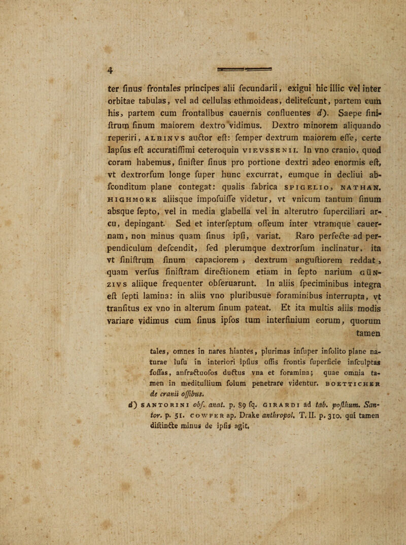 ter finus frontales principes alii fecundarii, exigui hic illic vel inter orbitae tabulas, vel ad cellulas ethraoideas, delitefcunt, partem cuth his, partem cum frontalibus cauernis confluentes i). Saepe fini- ftrum finum maiorem dextro vidimus. Dextro minorem aliquando reperiri, albinvs auftor eft: femper dextrum maiorem efle, certe lapfus eft accuratifflmi ceteroquin vievssenii. In vno cranio, quod coram habemus, finifter finus pro portione dextri adeo enormis eft, vt dextrorfum longe fuper hunc excurrat, eumque in decliui ab- fconditum plane contegat: qualis fabrica spigelio, nathan. highmore aliisque impofuifle videtur, vt vnicum tantum finum absque fepto, vel in media glabella vel in alterutro fuperciliari ar¬ cu, depingant. Sed et interfeptum ofleum inter vtramque cauer- nam, non minus quam finus ipfi, variat. Raro perfe&amp;e ad per¬ pendiculum defcendit, fed plerumque dextrorfum inclinatur, ita vt finiftrum finum capaciorem , dextrum anguftiorem reddat, quam verfus finiftram dire&amp;ionem etiam in fepto narium gun- 21 vs aliique frequenter obferuarunt. In aliis fpeciminibus integra eft fepti lamina: in aliis vno pluribusue foraminibus interrupta, vt tranfitus ex vno in alterum finum pateat. Et ita multis aliis modis variare vidimus cum finus ipfos tum interfinium eorum, quorum tamen tales, omnes in nares hiantes, plurimas infuper infolito plane na¬ turae lufu in interiori ipfius ollis frontis fuperficie infculptas foffas, anfrattuofos duftus vna et foramina; quae omnia ta¬ men in meditullium folum penetrare videntur, boetticher de cranii offibiis. o * antorini obf. anat. p, 89 fq. girardi ad tab. pofthum. San- tor. p- 51. cowper ap. Drake anthropol, T. II. p. 310. qui tamen diftinfte minus de ipfis agit.