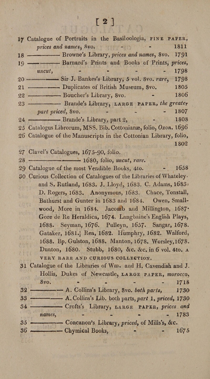 IJ Catalogue of Portraits in the Basiloologia, fine paper, prices and names, 8vo. - - 1811 _-.-Browne's Library, prices and names, 8vo. 1791 19 , -— Barnard's Prints and Books of Prints, prices, uncut, - 1798 20 -— Sir J. Bankes's Library, 5 vol. Svo. rare, 1798 21 -— Duplicates of British Museum, Svo. 1805 22 -—--Boucher's Library, 8vo. - 1806 23 --Brande's Library, large paper, the greater part priced, Svo. - 1807 24 - ■ —--- Brande's Library, parts, - 1808 25 Catalogus Librorum, MSS. Bib. Cottonianae, folio, Oxon. 1696' 26 Catalogue of the Manuscripts in the Cottonian Library, folio, 1802 27 Clavel’s Catalogues, 1675-90, folio. 28 ----- 168O, folio, uncut, rare. 29 Catalogue of the most Vendible Books, 4to. - 1658 30 Curious Collection of Catalogues of the Libraries of Whateley* and S. Rutland, 1683. J. Lloyd, 1683. C. Adams, 1683* D. Rogers, 1683. Anonymous, 1683. Chace, Tonstall, Bathurst and Gunter in 1683 and 1684. Owen, Small¬ wood, More in 1684. Jacomb and Millington, 1687* Gore de Re Heraldica, 1674- Langbaine’s English Plays, 1688. Seyman, 1676. Pulleyn, 1657* Sangar, 167S. Gataker, 1681.] Rea, 1682. Humphry, J682. Walford, 1688. Bp. Gulston, 1688. Manton, 1678. Worsley,l678. Dunton, 168O. Stubb, 1680, Ac. Ac. in 6 vol. 4to. a VERY RARE and CURIOUS COLLECTION. 31 Catalogue of the Libraries of Wm. and H. Cavendish and J. Hollis, Dukes of Newcastle, large paper, morocco, Svo. - 1718 32 .— A. Collins’s Library, Svo. both parts, 1730 33 —--A. Collins’s Lib. both parts, part l, priced, 1730 34 ---- Crofts's Library, large paper, prices and names, - - - - 1783 35 -.— Concanon’s Library, priced, of Mills’s, Ac. 36 ■ ■■■—- Chymical Books, - - 1675