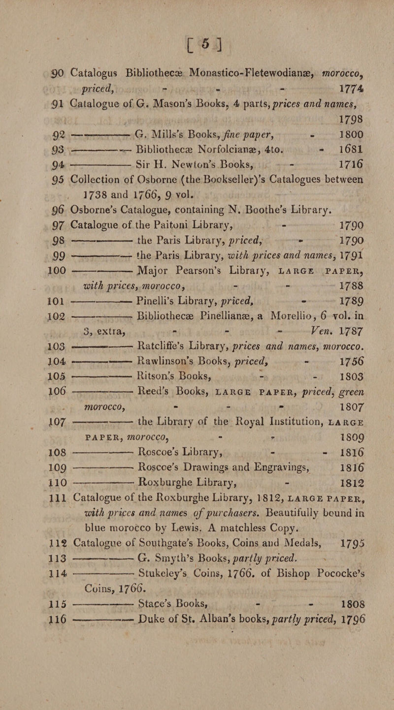 [5] 90 Catalogus Bibliotheca? Monastico-FIetewodianae, morocco, priced, - - - 1774 91 Catalogue of G. Mason’s Books, 4 parts, prices and names, 1798 92 -— G. Mills’s Books, fine paper, - 1800 93 --- Bibliothecas Norfolciartae, 4to. - l6Sl 94 -Sir H. Newton’s Books, - 1716 95 Collection of Osborne (the Bookseller)’s Catalogues between 1738 and 1766, 9 vol. 96 Osborne’s Catalogue, containing N. Boothe’s Library. 97 Catalogue of the Paitoni Library, - 1790 98 - 99 - 100 -- 3, extra, -the Paris Library, priced, - 1790 --— the Paris Library, with prices and names, 1791 -Major Pearson’s Library, large paper, with prices, morocco, - - 1788 -__ Pinelli’s Library, priced, - 1789 -Bibliothecae Pinellianae, a Morellio, 6 vol. in Ven. 1787 Ratcliffe’s Library, prices and names, morocco. Rawlinson’s Books, priced, - 1756 Ritson’s Books, - - 1803 Reed’s Books, large paper, priced, green 1807 -the Library of the Royal Institution, large paper, morocco, - - 1809 -Roscoe’s Library, - - 1S1() -Roscoe’s Drawings and Engravings, 18K) -— Roxburghe Library, - 1812 morocco, 101 102 103 104 105 106 107 108 109 110 111 Catalogue of the Roxburghe Library, 1812, large paper, with prices and names of purchasers. Beautifully bound in blue morocco by Lewis. A matchless Copy. 112 Catalogue of Southgate’s Books, Coins and Medals, 179^ -G. Smyth’s Books, partly priced. -Stukeley’s Coins, If66. of Bishop Pococke’s 113 114 115 116 Coins, 1766. — -Stace’s Books, - - 1808 — -Duke of St. Alban’s books, partly priced, 179^