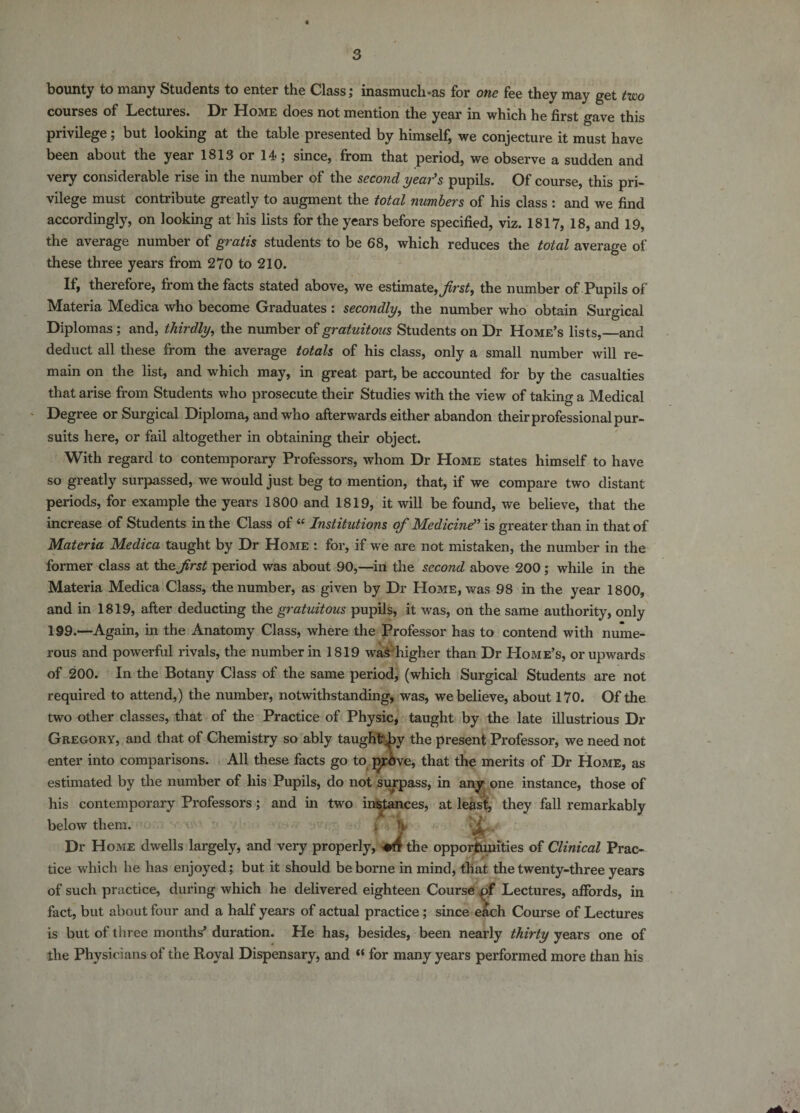 bounty to many Students to enter the Class; inasmuch*as for one fee they may get two courses of Lectures. Dr Home does not mention the year in which he first gave this privilege ; but looking at the table presented by himself, we conjecture it must have been about the year 1813 or 14; since, from that period, we observe a sudden and very considerable rise in the number of the second year's pupils. Of course, this pri¬ vilege must contribute greatly to augment the total numbers of his class : and we find accordingly, on looking at his lists for the years before specified, viz. 1817, 18, and 19, the average number of gratis students to be 68, which reduces the total average of these three years from 270 to 210. If, therefore, from the facts stated above, we estimate, first, the number of Pupils of Materia Medica who become Graduates : secondly, the number who obtain Surgical Diplomas ; and, thirdly, the number of gratuitous Students on Dr Home’s lists,_and deduct all these from the average totals of his class, only a small number will re¬ main on the list, and which may, in great part, be accounted for by the casualties that arise from Students who prosecute their Studies with the view of taking a Medical Degree or Surgical Diploma, and who afterwards either abandon their professional pur¬ suits here, or fail altogether in obtaining their object. With regard to contemporary Professors, whom Dr Home states himself to have so greatly surpassed, we would just beg to mention, that, if we compare two distant periods, for example the years 1800 and 1819, it will be found, we believe, that the increase of Students in the Class of « Institutions of Medicine is greater than in that of Materia Medica taught by Dr Home : for, if we are not mistaken, the number in the former class at thz first period was about 90,—in the second above 200 ; while in the Materia Medica Class, the number, as given by Dr Home, was 98 in the year 1800, and in 1819, after deducting the gratuitous pupils, it was, on the same authority, only 199.—Again, in the Anatomy Class, where the Professor has to contend with nume¬ rous and powerful rivals, the number in 1819 was higher than Dr Home’s, or upwards of 200. In the Botany Class of the same period, (which Surgical Students are not required to attend,) the number, notwithstanding, was, we believe, about 170. Of the two other classes, that of the Practice of Physic, taught by the late illustrious Di- Gregory, and that of Chemistry so ably taught jay the present Professor, we need not enter into comparisons. All these facts go to prove, that the merits of Dr Home, as estimated by the number of his Pupils, do not surpass, in any one instance, those of his contemporary Professors; and in two instances, at least, they fall remarkably below them. \ I T sK* Dr Home dwells largely, and very properly, +4 the opportunities of Clinical Prac¬ tice which he has enjoyed; but it should be borne in mind, that the twenty-three years of such practice, during which he delivered eighteen Course pi Lectures, affords, in fact, but about four and a half years of actual practice; since each Course of Lectures is but of three months’ duration. He has, besides, been nearly thirty years one of the Physicians of the Royal Dispensary, and “ for many years performed more than his