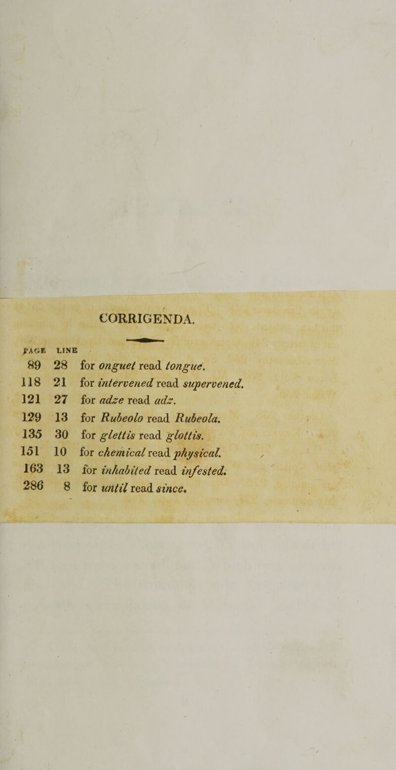CORRIGENDA. PAGE LINE 89 28 for onguet read tongue. 118 21 for intervened read supervened. 121 27 for adze read adz. 129 13 for Rubeolo read Rubeola. 135 30 for glettis read glottis. 151 10 for chem ical read physteal. 163 13 for inhabited read infested. 286 8 for until read since.