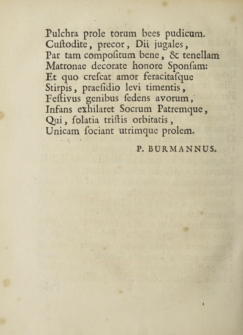 Pulchra prole torum bees pudicum. Cuftodite, precor. Dii jugales. Par tam compolitum bene, & tenellam Matronae decorate honore Sponfam: Et quo crefcat amor feracitafque Stirpis, praelidio levi timentis, Feftivus genibus fedens avorum. Infans exhilaret Socrum Patremque, Qiai, folatia triftis orbitatis . Unicam fociant utrimque prolem. 'f P. BURMANNUS.