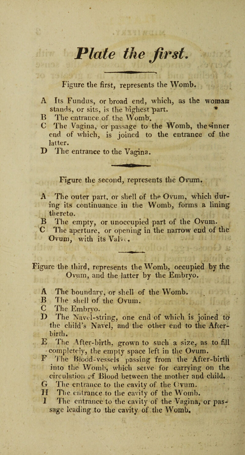 Plate the first. Figure the first, represents the Womb. A Its Fundus, or broad end, which, as the woman stands, or sits, is the highest part. * B The entrance of the Womb. C The Vagina, or passage to the Womb, the^nner end of which, is joined to the entrance of the latter. D The entrance to the Vagina. Figure the second, represents the Ovum. A The outer part, or shell of the Ovum, which dur¬ ing its continuance in the Womb, forms a lining thereto. B The empty, or unoccupied part of the Ovum. C The aperture, or opening in the narrow end of the Ovum, with its Valv< Figure the third, represents the Womb, occupied by the Ovum, and the latter by the Embryo. A The boundary, or shell of the Womb. B The shell of the Ovum. C The Embryo. D The Navel-string, one end of which is joined to the child’s Navel, and the other end to the After¬ birth. E The After-birth, grown to such a size, as to fill completely, the empty space left in the Ovum. F The Blood-vessels passing from the After-birth into the Womb, which serve for carrying on the circulation nf Blood between the mother and child. G The entrance to the cavity of the Ovum. II The entrance to the cavity of the Womb. I The entrance to the cavity of the Vagina, or pas¬ sage leading to the cavity of the Womb.,