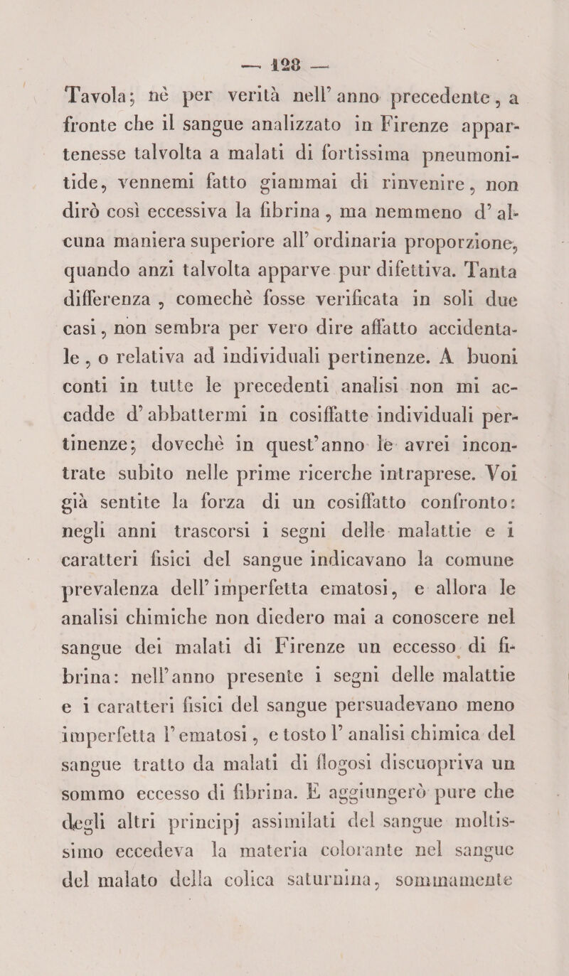 Tavola; tiò per verità nell’anno precedente 5 a fronte che il sangue analizzato in Firenze appar¬ tenesse talvolta a malati di fortissima pneumoni- tide, vennemi fatto giammai di rinvenire ? non dirò cosi eccessiva la fibrina , ma nemmeno d’ al¬ cuna maniera superiore all’ ordinaria proporzione, quando anzi talvolta apparve pur difettiva. Tanta differenza , comechè fosse verificata in soli due casi, non sembra per vero dire affatto accidenta¬ le , o relativa ad individuali pertinenze. A buoni conti in tutte le precedenti analisi non mi ac¬ cadde d’ abbattermi in cosiffatte individuali per¬ tinenze; dovechè in quest’anno le avrei incon¬ trate subito nelle prime ricerche intraprese. Voi già sentite la forza di un cosiffatto confronto: negli anni trascorsi i segni delle malattie e i caratteri fisici del sangue indicavano la comune prevalenza dell’imperfetta ematosi, e allora le analisi chimiche non diedero mai a conoscere nel sangue dei malati di Firenze un eccesso di fi¬ brina: nell’anno presente i segni delle malattie e i caratteri fisici del sangue persuadevano meno imperfetta F ematosi, e tosto V analisi chimica del sangue tratto da malati di flogosi discuopriva un sommo eccesso di fibrina. E aggiungerò pure che degli altri principi assimilati del sangue moltis¬ simo eccedeva la materia colorante nel sangue del malato della colica saturnina, sommamente