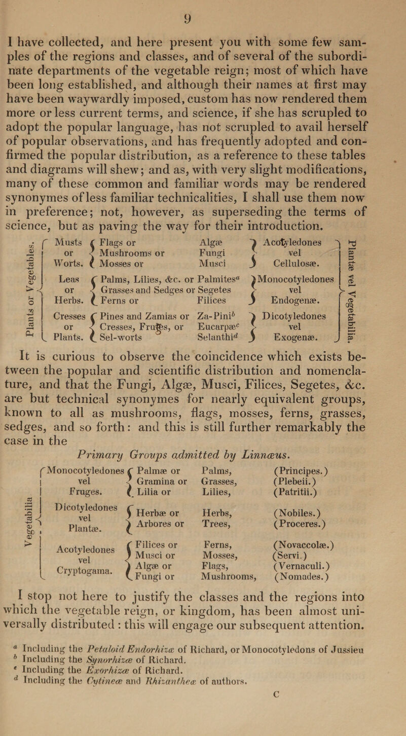 1 have collected, and here present you with some few sam¬ ples of the regions and classes, and of several of the subordi¬ nate departments of the vegetable reign; most of which have been long established, and although their names at first may have been waywardly imposed, custom has now rendered them more or less current terms, and science, if she has scrupled to adopt the popular language, has not scrupled to avail herself of popular observations, and has frequently adopted and con¬ firmed the popular distribution, as a reference to these tables and diagrams will shew; and as, with very slight modifications, many of these common and familiar words may be rendered synonymes of less familiar technicalities, I shall use them now in preference; not, however, as superseding the terms of science, but as paving the way for their introduction. Zf2  Musts £ Flags or Alg® 1 Acotyledones JV or Mushrooms or Fungi \ vel Cti -4-3 Worts. C Mosses or Musci s Cellulos®. bC Leas C Palms, Lilies, <fec. or Palmites® } Monocotyledones or < Grasses and Sedges or Segetes > vel 5h o Herbs. ^ Ferns or Filices 3 Endogen®. % £ Cresses C Pines and Zamias or Za-Pini* ) Dicotyledones £ or < Cresses, Frufes, or Eucarp®c i vel Ph ^ Plants. (Sel-worts Selanthi^ 3 Exogen®. 2 pr S3 c-f- 8 < CD CD CK? CD <rf- P O' J P It is curious to observe the coincidence which exists be¬ tween the popular and scientific distribution and nomencla¬ ture, and that the Fungi, Algae, Musci, Filices, Segetes, &c. are but technical synonymes for nearly equivalent groups, known to all as mushrooms, flags, mosses, ferns, grasses, sedges, and so forth: and this is still further remarkably the case in the Primary Groups admitted by Linnaeus. 33 33 J a> be i ® > Lilia or Monocotyledones C Palmae or vel * Gramina or Fruges. Dicotyledones vel Plant®. V. Acotyledones vel Cryptogama. i ^ Herb® or ^ Arbores or ( Filices or * Musci or \ Alg® or V. Fungi or Palms, (Principes.) Grasses, (Plebeii.) Lilies, (Patritii.) Herbs, (Nobiles.) Trees, (Proceres.) Ferns, (Novaccol®.) Mosses, (Servi.) Flags, (Vernaculi.) Mushrooms, (Nomades.) I stop not here to justify the classes and the regions into which the vegetable reign, or kingdom, has been almost uni¬ versally distributed : this will engage our subsequent attention. a Including the Petaloid Endorhize. of Richard, or Monocotyledons of Jussieu b Including the Synorhizce of Richard. * Including the Exorhizce of Richard. d Including the Cytinece and Rhizanthex of authors. C