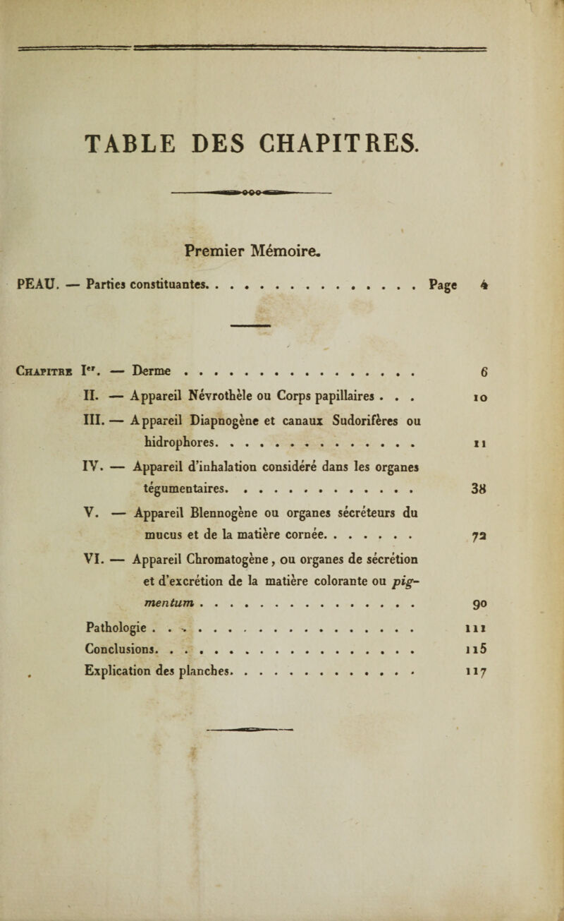 TABLE DES CHAPITRES. Premier Mémoire, PEAU. — Parties constituantes. Page 4 Chapitre Ie'. — Derme. 6 II. — Appareil Névrothèle ou Corps papillaires ... io III. — Appareil Diapnogène et canaux Sudorifères ou hidrophores. .. 11 IV. — Appareil d’inhalation considéré dans les organes tégumentaires. 38 V. — Appareil Blennogène ou organes sécréteurs du mucus et de la matière cornée. 7a VI. — Appareil Chromatogène, ou organes de sécrétion et d’excrétion de la matière colorante ou pig- mentum. 90 Pathologie . . ^. 111 Conclusions. 115 Explication des planches.. 117