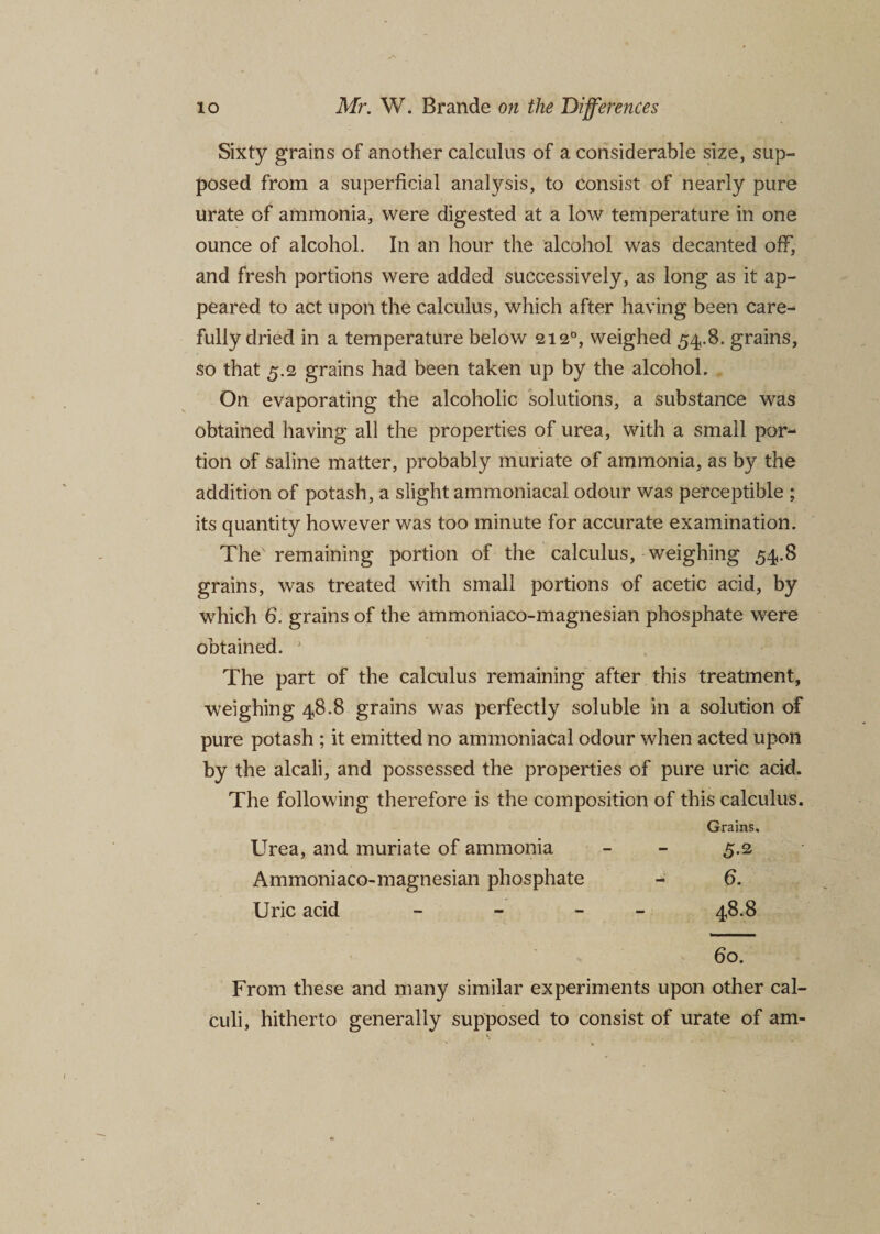 Sixty grains of another calculus of a considerable size, sup¬ posed from a superficial analysis, to consist of nearly pure urate of ammonia, were digested at a low temperature in one ounce of alcohol. In an hour the alcohol was decanted off, and fresh portions were added successively, as long as it ap¬ peared to act upon the calculus, which after having been care¬ fully dried in a temperature below 2120, weighed 54.8. grains, so that 5.2 grains had been taken up by the alcohol. On evaporating the alcoholic solutions, a substance was obtained having all the properties of urea, with a small por¬ tion of saline matter, probably muriate of ammonia, as by the addition of potash, a slight ammoniacal odour was perceptible ; its quantity however was too minute for accurate examination. The remaining portion of the calculus, weighing 54.8 grains, was treated with small portions of acetic acid, by which 6. grains of the ammoniaco-magnesian phosphate were obtained. J The part of the calculus remaining after this treatment, weighing 48.8 grains was perfectly soluble in a solution of pure potash ; it emitted no ammoniacal odour when acted upon by the alcali, and possessed the properties of pure uric acid. The following therefore is the composition of this calculus. Grains. Urea, and muriate of ammonia - - 5.2 Ammoniaco-magnesian phosphate - 6. Uric acid - - - 48.8 60. From these and many similar experiments upon other cal¬ culi, hitherto generally supposed to consist of urate of am-