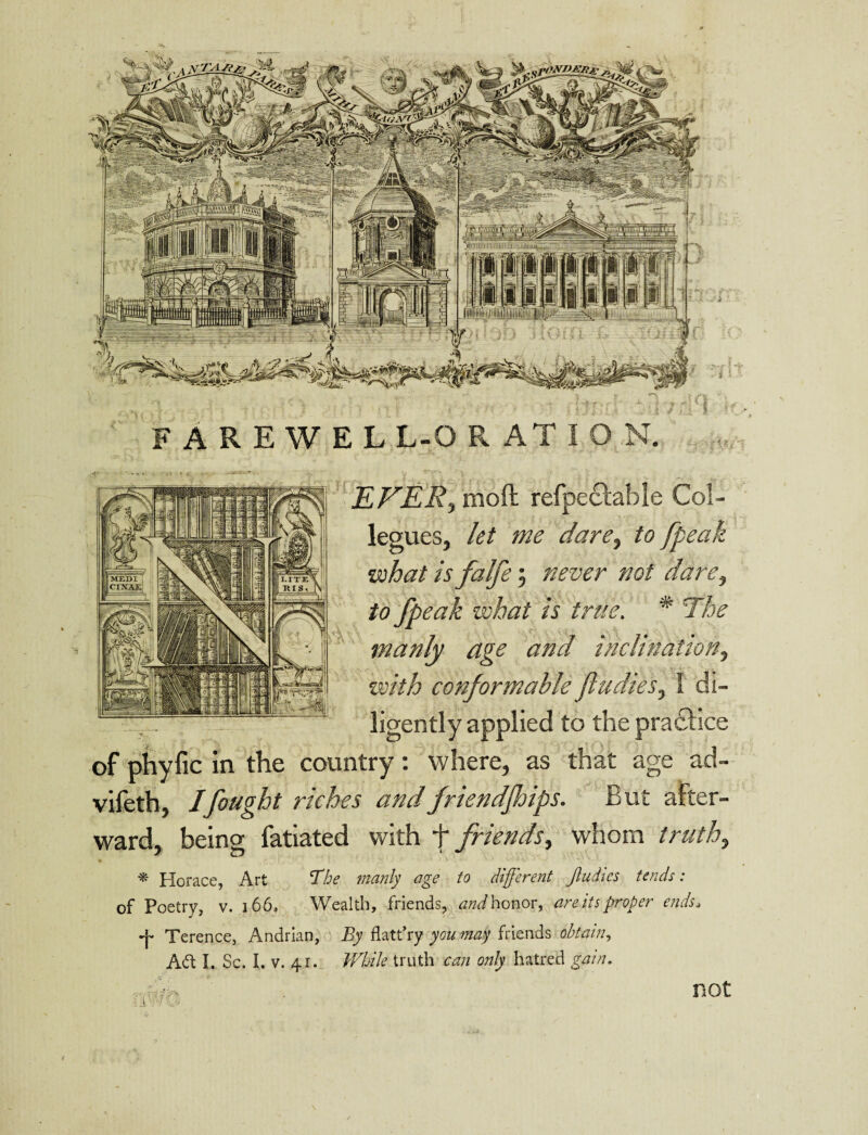 I FAREWEL L-O RATIO N. EVER, raoft refpecfable Col- legues, let me dare, to [peak what is falfe 3 never not dare, to /peak What is true. * The manly age and inclination, with conformable flu dies, I di¬ ligently applied to the pra£Hce of phyfic in the country: where, as that age ad- vifeth, I fought riches and friendfhips. But after¬ ward, being fatiated with + friends, whom truth, * Horace, Art The manly age to different Jludies tends: of Poetry, v. i66* Wealth, friends, and honor, are its proper ends, •j* Terence, Andrian, By flatt’ry you may friends obtain. Ad: I. Sc. 1. v. 41. While truth can only hatred gain. not