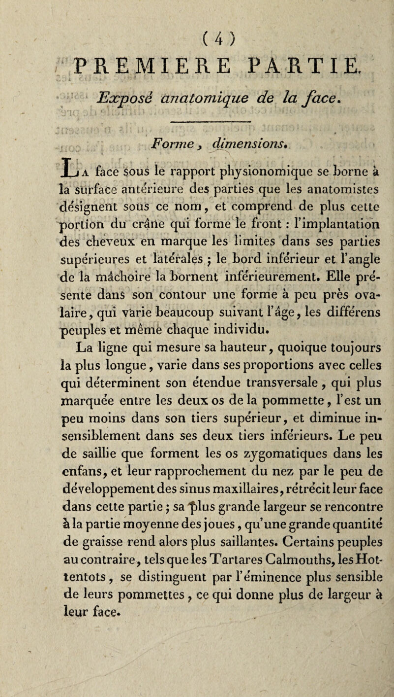 PREMIERE PARTIE. Exposé anatomique de la face. Forme , dimensions• T j a face sous le rapport physionomique se borne à la surface Anterieure des parties que les anatomistes désignent sous ce nom, et comprend de plus cette portion du crâne qui forme le front : F implantation des cheveux en marque les limites dans ses parties supérieures et latérales ; le bord inférieur et l’angle de la mâchoire la bornent inférieurement. Elle pré¬ sente dans son contour une forme à peu près ova¬ laire, qui varie beaucoup suivant l’âge, les différens peuples et même chaque individu. La ligne qui mesure sa hauteur, quoique toujours la plus longue, varie dans ses proportions avec celles qui déterminent son étendue transversale, qui plus marquée entre les deux os delà pommette, l’est un peu moins dans son tiers supérieur, et diminue in¬ sensiblement dans ses deux tiers inférieurs. Le peu de saillie que forment les os zygomatiques dans les enfans, et leur rapprochement du nez par le peu de développement des sinus maxillaires, rétrécit leur face dans cette partie ; sa *f)lus grande largeur se rencontre à la partie moyenne des joues, qu’une grande quantité de graisse rend alors plus saillantes. Certains peuples au contraire, tels que les Tartares Calmouths, les Hot¬ tentots, se distinguent par l’éminence plus sensible de leurs pommettes, ce qui donne plus de largeur à leur face.