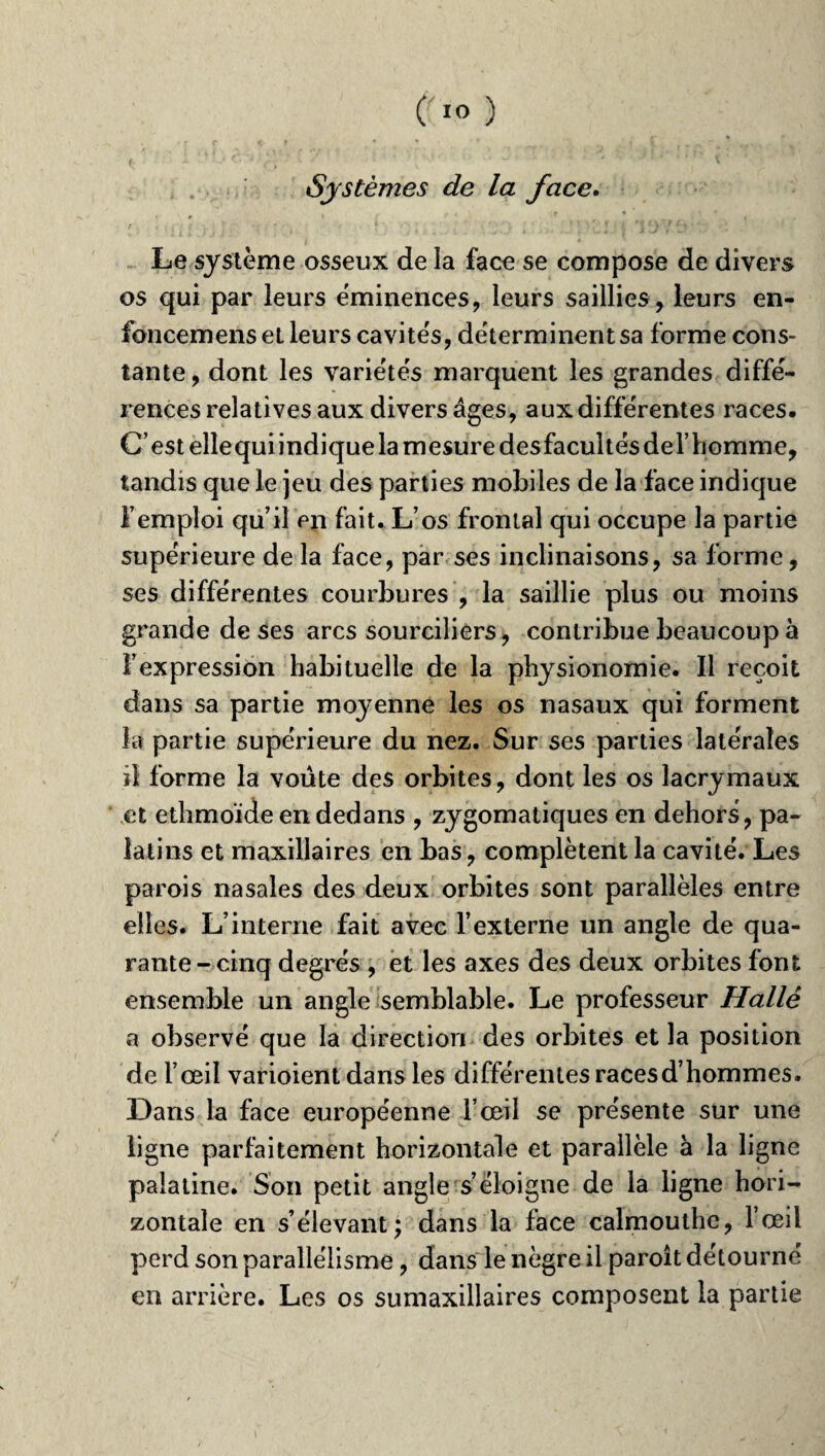 Systèmes de la face. Le système osseux de la face se compose de divers os qui par leurs éminences, leurs saillies, leurs en- foncemenset leurs cavités, déterminent sa forme cons¬ tante , dont les variétés marquent les grandes diffé¬ rences relatives aux divers âges, aux différentes races. C’est ellequiindiquela mesure desfacultés del’homme, tandis que le jeu des parties mobiles de la face indique l’emploi qu’il en fait. L’os frontal qui occupe la partie supérieure de la face, par ses inclinaisons, sa forme, ses différentes courbures , la saillie plus ou moins grande de ses arcs sourciliers, contribue beaucoup à l’expression habituelle de la physionomie. Il reçoit dans sa partie moyenne les os nasaux qui forment la partie supérieure du nez. Sur ses parties latérales il forme la voûte des orbites, dont les os lacrymaux et ethmoïde en dedans , zygomatiques en dehors, pa¬ latins et maxillaires en bas, complètent la cavité. Les parois nasales des deux orbites sont parallèles entre elles. L’interne fait avec l’externe un angle de qua¬ rante-cinq degrés , et les axes des deux orbites font ensemble un angle semblable. Le professeur Hallê a observé que la direction des orbites et la position de l’œil varioient dans les différentes races d’hommes. Dans la face européenne l’œil se présente sur une ligne parfaitement horizontale et parallèle à la ligne palatine. Son petit angle s’éloigne de la ligne hori¬ zontale en s’élevant; dans la face calmouthe, l’œil perd son parallélisme, dans le nègre il paroît détourné en arrière. Les os sumaxillaires composent la partie