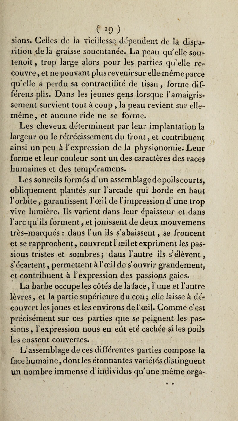 siens» Celles de la vieillesse dépendent de là dispa* rition de la graisse soucutanée. La peau qu’elle sou- tenoit , trop large alors pour les parties qu’elle re¬ couvre , et ne pouvant plus revenirsur elle-même parce quelle a perdu sa contractilité de tissu , forme dif¬ férées plis. Dans les jeunes gens lorsque l’amaigris¬ sement survient tout à coup, la peau revient sur elle- même, et aucune ride ne se forme. Les cheveux déterminent par leur implantation la largeur ou le rétrécissement du front, et contribuent ainsi un peu a l’expression de la physionomie. Leur forme et leur couleur sont un des caractères des races humaines et des tempéramens. Les sourcils formés d’un assemblage de poils courts, obliquement plantés sur l’arcade qui borde en haut l’orbite, garantissent l’œil de l’impression d’une trop vive lumière. Ils varient dans leur épaisseur et dans l’arc qu’ils forment, et jouissent de deux mouvemens très-marqués : dans l’un ils s’abaissent, se froncent et se rapprochent, couvrentl’œilet expriment les pas¬ sions tristes et sombres; dans l’autre ils s’élèvent, s’écartent, permettent à F œil de s’ouvrir grandement, et contribuent à l’expression des passions gaies. La barbe occupe les côtés de la face, l’une et l’autre lèvres, et la partie supérieure du cou; elle laisse à dé* couvert les joues et les environs de Yœi(. Comme c’est précisément sur ces parties que se peignent les pas¬ sions , l’expression nous en eût été cachée si les poils les eussent couvertes. L’assemblage de ces différentes parties compose la face humaine, dont les étonnantes variétés distinguent un nombre immense d’individus qu’une même orga-