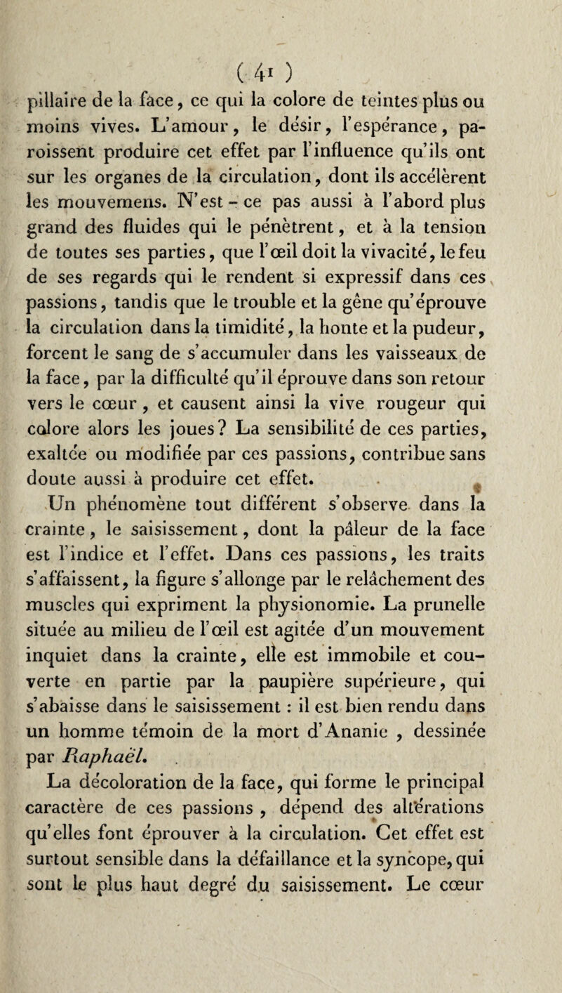 piliaire de la face, ce qui la colore de teintes plus ou moins vives. L’amour, le désir, l’espérance, pa- roissent produire cet effet par F influence qu’ils ont sur les organes de la circulation, dont ils accélèrent les mouvernens. N’est - ce pas aussi à l’abord plus grand des fluides qui le pénètrent, et à la tension de toutes ses parties, que l’œil doit la vivacité, le feu de ses regards qui le rendent si expressif dans ces passions, tandis que le trouble et la gêne qu’éprouve la circulation dans la timidité, la honte et la pudeur, forcent le sang de s’accumuler dans les vaisseaux de la face, par la difficulté qu’il éprouve dans son retour vers le cœur , et causent ainsi la vive rougeur qui colore alors les joues? La sensibilité de ces parties, exaltée ou modifiée par ces passions, contribue sans doute aussi à produire cet effet. Un phénomène tout différent s’observe dans la crainte, le saisissement, dont la pâleur de la face est l’indice et l’effet. Dans ces passions, les traits s’affaissent, la figure s’allonge par le relâchement des muscles qui expriment la physionomie. La prunelle située au milieu de l’œil est agitée d’un mouvement inquiet dans la crainte, elle est immobile et cou¬ verte en partie par la paupière supérieure, qui s’abaisse dans le saisissement : il est bien rendu dans un homme témoin de la mort d’Ananie , dessinée par Piaphaël, La décoloration de la face, qui forme le principal caractère de ces passions , dépend des altérations qu’elles font éprouver à la circulation. Cet effet est surtout sensible dans la défaillance et la syncope, qui sont le plus haut degré du saisissement. Le cœur