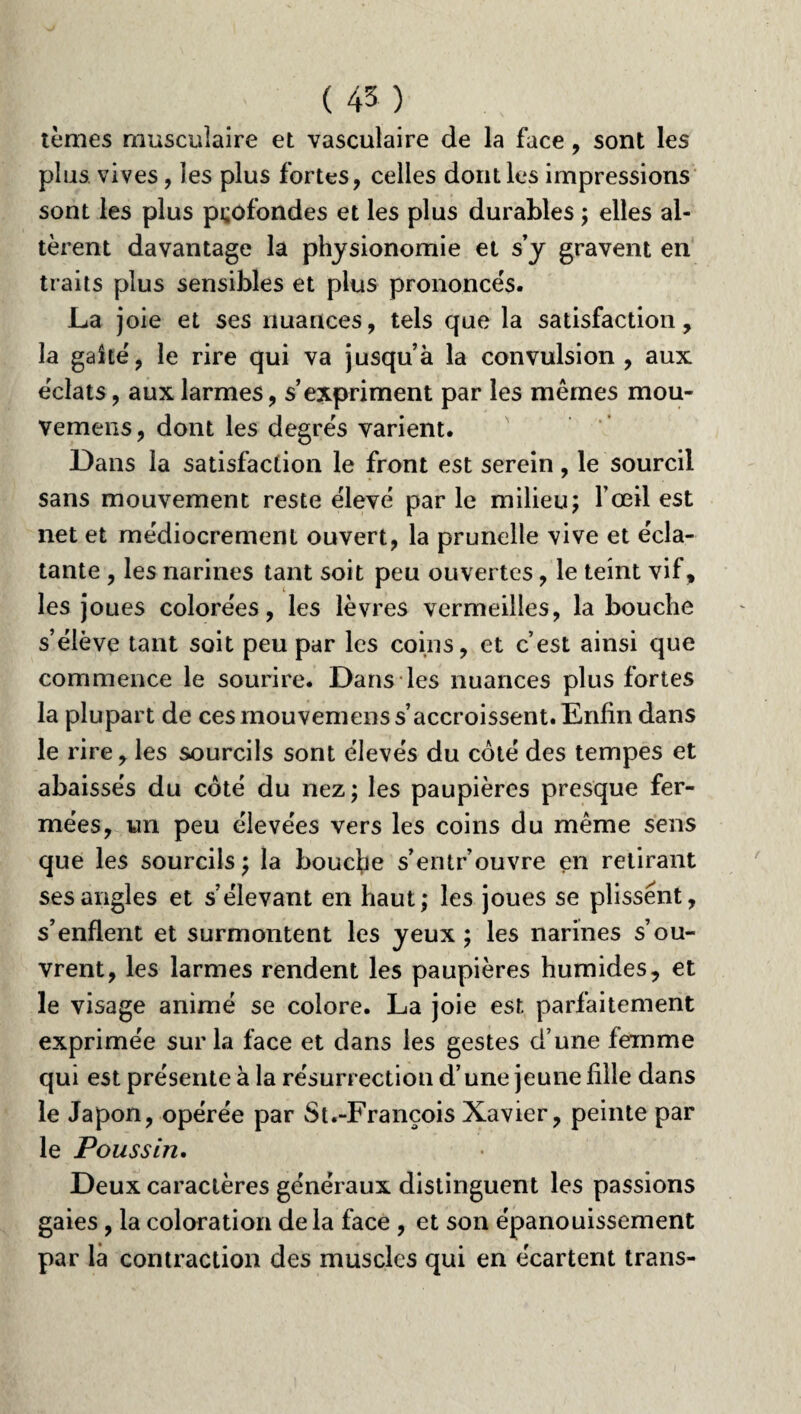tèmes musculaire et vasculaire de la face , sont les plus vives, les plus fortes, celles dont les impressions sont les plus profondes et les plus durables ; elles al¬ tèrent davantage la physionomie et s’y gravent en traits plus sensibles et plus prononcés. La joie et ses nuances, tels que la satisfaction, la gaîtë, le rire qui va jusqu’à la convulsion , aux éclats, aux larmes, s’expriment par les mêmes mou- vemens, dont les degrés varient. Dans la satisfaction le front est serein, le sourcil sans mouvement reste élevé par le milieu; l’œil est net et médiocrement ouvert, la prunelle vive et écla¬ tante , les narines tant soit peu ouvertes, le teint vif, les joues colorées, les lèvres vermeilles, la bouche s’élève tant soit peu par les coins, et c’est ainsi que commence le sourire. Dans les nuances plus fortes la plupart de ces mouvemens s’accroissent. Enfin dans le rire, les sourcils sont élevés du côté des tempes et abaissés du côté du nez; les paupières presque fer¬ mées, un peu élevées vers les coins du même sens que les sourcils ; la bouche s’entr’ouvre en retirant ses angles et s’élevant en haut; les joues se plissent, s’enflent et surmontent les yeux ; les narines s’ou¬ vrent, les larmes rendent les paupières humides, et le visage animé se colore. La joie est parfaitement exprimée sur la face et dans les gestes d une femme qui est présente à la résurrection d’une jeune fille dans le Japon, opérée par St.-François Xavier, peinte par le Poussin. Deux caractères généraux distinguent les passions gaies , la coloration de la face , et son épanouissement par la contraction des muscles qui en écartent trans-