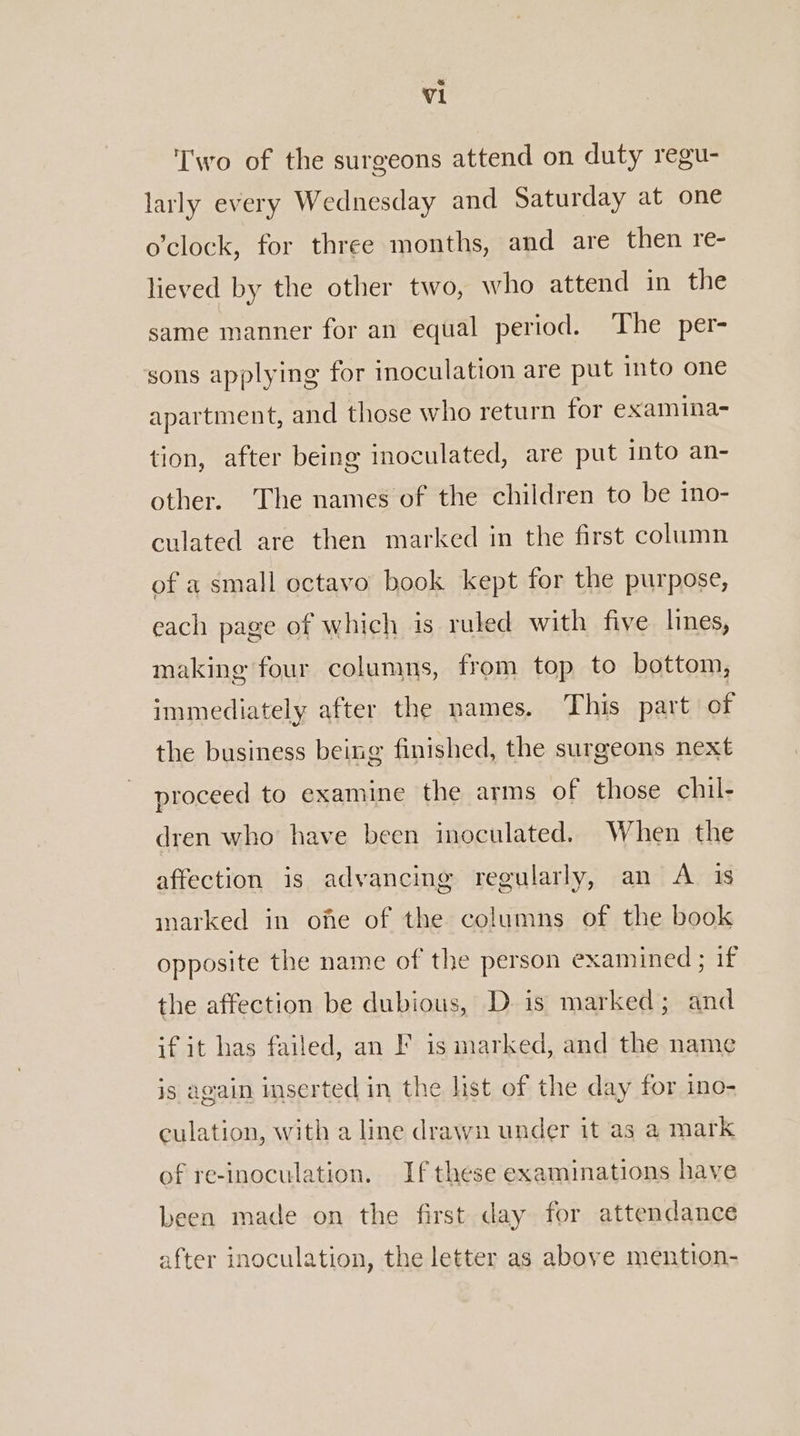 Two of the surgeons attend on duty regu- larly every Wednesday and Saturday at one o'clock, for three months, and are then re- lieved by the other two, who attend in the same manner for an equal period. The per- sons applying for inoculation are put into one apartment, and those who return for examina- tion, after being inoculated, are put into an- other. The names of the children to be ino- culated are then marked in the first column of a small octavo book kept for the purpose, each page of which is ruled with five lines, making four columns, from top to bottom, immediately after the names. This part of the business being finished, the surgeons next proceed to examine the arms of those chil- dren who have been inoculated. When the affection is advancing regularly, an A is marked in one of the columns of the book opposite the name of the person examined ; if the affection be dubious, D is marked; and if it has failed, an F is marked, and the name is again inserted in the list of the day for ino- culation, with a line drawn under it as a mark of re-inoculation. If these examinations have been made on the first day for attendance after inoculation, the letter as above mention-