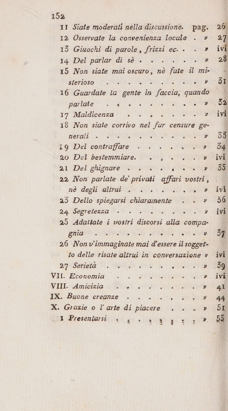 I52 11 Siate moderati nella discussione, pag. 2,6 12 Osservate la convenienza locale . v 27 l5 Giuochi di parole t frizzi ec- • • » ivi 14 Del parlar di sè.^ 28 15 Non siate mai oscuro ^ nè fate il mi¬ sterioso .^ Si 16 Guardate la gente in faccia^ quando parlate . «.^ S2 17 Maldicenza.» ivi 18 Non siate corrivo nel far censure ge¬ nerali .» 33 19 Del contraffare . ^ » 34 20 Del bestemmiare. . , . . . y ivi 21 Del ghignare . ... i » 35 22 Non parlate de' privati affari vostri, , nè degli altrui . ivi 23 Dello spiegarsi chiaramente . . v 56 24 Segretezza.. . . ivi 25 Adattate i vostri discorsi alla compa¬ gnia .y 37 26 Non v'immaginate mai d'essere il sogget¬ to delle risale altrui in conversazione » ivi 27 Serietà 29 Vlf. Economia. . » • • IVI Vili. Amicizia ....... . » 41 IX. Buone creanze ...... 44 X. Grazie 0 V arte di piacere . 9 5i X Presentarsi , . . , « , . . » 55