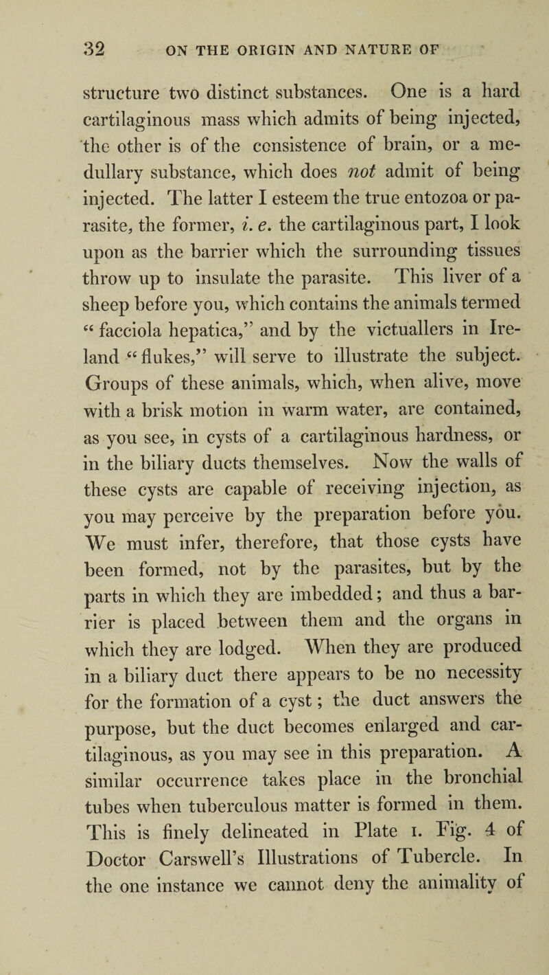 structure two distinct substances. One is a hard cartilaginous mass which admits of being injected, the other is of the consistence of brain, or a me¬ dullary substance, which does not admit of being injected. The latter I esteem the true entozoa or pa¬ rasite, the former, i. e. the cartilaginous part, I look upon as the barrier which the surrounding tissues throw up to insulate the parasite. This liver of a sheep before you, which contains the animals termed “ facciola hepatica,” and by the victuallers in Ire¬ land “ flukes,” will serve to illustrate the subject. Groups of these animals, which, when alive, move with a brisk motion in warm water, are contained, as you see, in cysts of a cartilaginous hardness, or in the biliary ducts themselves. Now the walls of these cysts are capable of receiving injection, as you may perceive by the preparation before you. We must infer, therefore, that those cysts have been formed, not by the parasites, but by the parts in which they are imbedded; and thus a bar¬ rier is placed between them and the organs in which they are lodged. When they are produced in a biliary duct there appears to be no necessity for the formation of a cyst; the duct answers the purpose, but the duct becomes enlarged and car¬ tilaginous, as you may see in this preparation. A similar occurrence takes place in the bronchial tubes when tuberculous matter is formed in them. This is finely delineated in Plate i. Tig* 4 of Doctor Carswell’s Illustrations of Tubercle. In the one instance we cannot deny the animality of