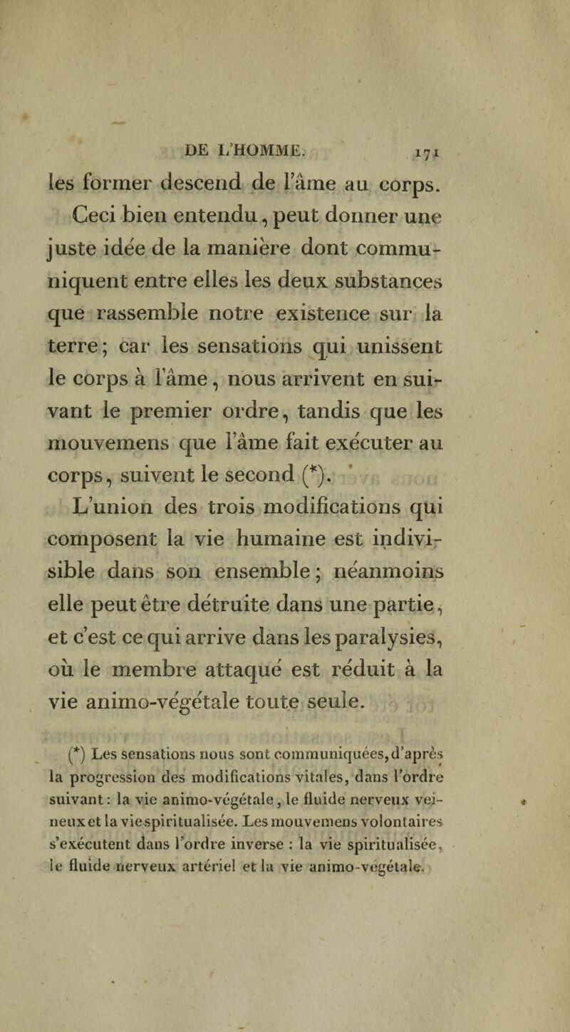 171 [es former descend de l’âme an corps. Ceci bien entendu, peut donner une juste idëe de la manière dont commu¬ niquent entre elles les deux substances que rassemble notre existence sur la terre; car les sensations qui unissent le corps à l ame, nous arrivent en sui¬ vant le premier ordre, tandis que les mouvemens que l ame fait exécuter au corps, suivent le second (*). L’union des trois modifications qui composent la vie humaine est indivi¬ sible dans son ensemble ; néanmoins elle peut être détruite dans une partie, et c’est ce qui arrive dans les paralysies, où le membre attaqué est réduit à la vie animo-végétale toute seule. (*) Les sensations nous sont communiquées,d’après la progression des modifications vitales, dans l’ordre suivant: la vie animo-végétale, le fluide nerveux vei¬ neux et la viespiritualisée. Les mouvemens volontaires s’exécutent dans l’ordre inverse : la vie spiritualisée, le fluide nerveux artériel et la vie animo-vegétale.