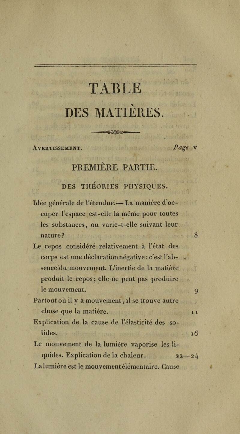 TABLE DES MATIÈRES. * Avertissement. Page v 4 ' PREMIÈRE PARTIE. DES THÉORIES PHYSIQUES. Idée générale de l’étendue.—La manière d’oc¬ cuper l’espace est-elle la même pour toutes les substances, ou varie-t-elle suivant leur nature ? 8 Le repos considéré relativement à l’état des corps est une déclaration négative : c’est l’ab- . sence du mouvement. L’inertie de la matière produit le repos; elle ne peut pas produire le mouvement. 9 Partout où il y a mouvement, il se trouve autre chose que la matière. 11 Explication de la cause de l’élasticité des so¬ lides. 16 Le mouvement de la lumière vaporise les li¬ quides. Explication de la chaleur. 22—24 La lumière est le mouvement élémentaire. Cause #