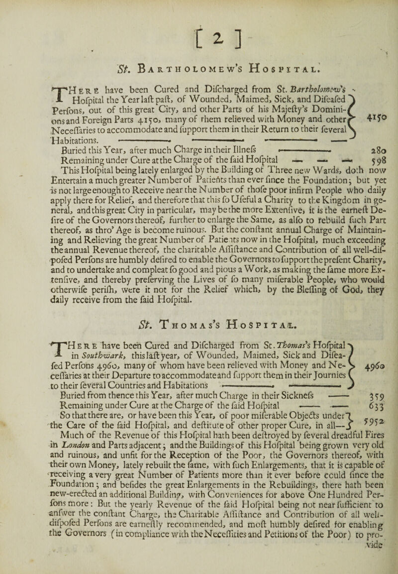 y V ** St. Bartholomew's Hospital. THere have been Cured and Difcharged from St. Bartholomew's *< Hofpital the Year laid pad, of Wounded, Maimed, Sick, and Difeafed Y Perfons, out of this great City, and other Parts of his Majefty’s Domini-^ onsand Foreign Parts 4150, many of them relieved with Money and other^ 4*5° Neceflaries to accommodate and fupport them in their Return to their feveral \ 'Habitations. —-— *..* ■ -. ■* — Buried this Year, after much Charge in their Illnefs -- ■■ ■ - 280 Remaining under Cure at the Charge of the faid Hofpital —- —* 598 This Hofpital being lately enlarged by the Building of Three new Wards, doth now Entertain a much greater Number of Patients than ever fince the Foundation; but yet is not large enough to Receive near the Number of thofe poor infirm People who daily apply there for Relief, and therefore that this foUfeful a Charity to the Kingdom in ge¬ neral, and this great City in particular, may be the more Extensive* it is the earned: De¬ fire of the Governors thereof, further to enlarge the Same, as alfo to rebuild fiich Part thereof, as thro Age is become ruinous. But the conftant annual Charge of Maintain¬ ing and Relieving the great Number of Patients now in the Hofpital, much exceeding the annual Revenue thereof, the charitable Afififtance and Contribution of allwell-di£» •pofed Perfons are humbly delired to enable the Governors to fupport the prefent Charity, and to undertake and compleat fo good and pious a Work, as making the fame more Ex- tenfive, and thereby preferving the Lives of fo many miferable People, who would otherwife perifh, were it not for the Relief which, by the Blefiing of God, they daily receive from the faid Hofpital. St. T h o m a ss Hospital. THere have been Cured and Difcharged from St .Thomas's Hofpital in Southwark, this laft year, of Wounded, Maimed, Sick and Difea¬ fed Perfons 4900, many of whom have been relieved with Money and Ne- cefiaries at their Departure to accommodate and fupport them in their Journies to their feveral Countries and Habitations -— < ■« ... Buried from thence this Year, after much Charge in their Sicknefs Remaining under Cure at the Charge of the faid Hofpital 4960 3^9 633 So that there are, or have been this Year, of poor miferable Objedts under! the Care of the faid Hofpital, and deftituteof other proper Cure, in all—3 Much of the Revenue of this Hofpital hath been deftroyed by feveral dreadful Fires in London and Parts adjacent; and the Buildings of this Hofpital being grown very old and ruinous, and unfit for the Reception of the Poor, the Governors thereof, with their own Money, lately rebuilt the fame, with fuch Enlargements, that it is capable of •receiving a very great Number of Patients more than it ever before could fince the Foundation; and befides the great Enlargements in the Rebuildings, there hath been new-eredted an additional Building, with Conveniences for above One Hundred Per¬ fons more: But the yearly Revenue of the faid Hofpital being not near fufificient to anfwer the conftant Charge, the Charitable Afififtance and Contribution of all weli- difpofed Perfons are earnefily recommended, and mod humbly defired for enabling the Governors (incompliance with the Necefliries and Petitions of the Poor) to pro- wide