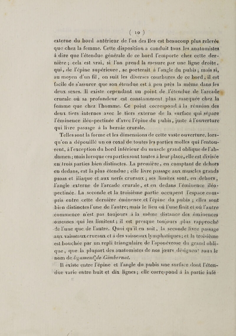 exlerne du bord antérieur de l'os des îles est beaucoup plus relevée que chez la femme. Cette disposition a conduit tous les anatomistes à dire que l’étendue générale de ce bord l’emporte chez cette der¬ nière ; cela est vrai, si l’on prend la mesure par une ligne droite, qui, de l’épine supérieure, se porterait à l’angle du pubis; mais si, au moyen d’un fil, on suit les diverses courbures de ce bord , il est facile de s’assurer que son étendue est à peu près la même dans les deux sexes. Il existe cependant un point de l’étendue de l’arcade crurale où sa profondeur est constamment plus marquée chez la femme que chez l’homme. Ce point correspond à la réunion des deux tiers internes avec le tiers externe de la surface qui sépare l’éminence iJéo-pectinée d’avec l’épine du pubis, juste à l’ouverture qui livre passage à la hernie crurale. Telles sont la forme et les dimensions de celte vaste ouverture, lors¬ qu’on a dépouillé un os coxal de toutes les parties molles qui l’entou¬ rent, à l’exception du bord inférieur du muscle grand oblique de l’ab*» domen ; mais lorsque ces parties sont toutes cà leur place, elle est divisée en trois parties bien distinctes. La première, en comptant de dehors en dedans, est la plus étendue ; elle livre passage aux muscles grands psoas et iliaque et aux nerfs cruraux ; ses limites sont, en dehors, l’angle externe de l’arcade crurale, et en dedans l’éminence iléo- pectinée. La seconde et la troisième partie occupent l’espace com¬ pris entre cette dernière éminence et l’épine du pubis ; elles sont bien distinctes l’une de l’autre; mais le lieu où l’une finit et où l’autre commence n’est pas toujours à la même distance des éminences osseuses qui les limitent; il est presque toujours plus rapproché de l’une que de l’autre. Quoi qu’il en soit, la seconde livre passage aux vaisseaux cruraux et à des vaisseaux lymphatiques; et la troisième est bouchée par un repli triangulaire de l’aponévrose du grand obli¬ que , que la plupart des anatomistes de nos jours désignent sous le nom de ligament?de Gimbernat. 11 existe entre l’épine et l’angle du pubis une surface dont l’éten¬ due varie entre huit et dix lignes; elle correspond à la partie irifé