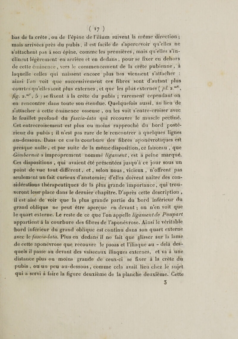 ( ‘7 ) bas de la crête , ou de l’épine de l’ilium suivent la même direction ; mais arrivées près du pubis, il est facile de s’apercevoir qu’elles ne s’attachent pas à son épine, comme les premières, mais qu’elles s in¬ clinent légèrement en arrière et en dedans , pour se fixer en dehors de cette éminence, vers le commencement de la crête pubienne, à laquelle celles qui naissent encore plus bas viennent s’attacher : ainsi l’on voit que successivement ces fibres sont d’autant plus courtes qu’elles sont plus externes , et que les plus externes ( fil. 2.me, fig. 2.“' , 5 ) se fixent à la crête du pubis ; rarement cependant on en rencontre dans toute son étendue. Quelquefois aussi, au lieu de s’attacher à cette éminence osseuse , on les voit s’enlre-croiser avec le feuillet profond du fascia-lata qui recouvre le muscle pectiné. Cet entrecroisement est plus ou moins rapproché du bord posté¬ rieur du pubis ; il n’est pas rare de le rencontrer à quelques lignes au-dessous. Dans ce cas la courbure des fibres aponévrotiques est presque nulle, et par suite de la même disposition, ce faisceau , que Gimbernat a improprement nommé ligament, est à peine marqué. Ces dispositions , qui avaient été présentées jusqu’à ce jour sous un point de vue tout différent, et, selon nous , vicieux , n’offrent pas seulement un fait curieux d’anatomie; d’elles doivent naître des con¬ sidérations thérapeutiques de la plus grande importance, qui trou¬ veront leur place dans le dernier chapitre. D’après cette description , il est aisé de voir que la plus grande parlie du bord inférieur du grand oblique ne peut être aperçue en devant ; on n’en voit que le quart externe. Le reste de ce que l’on appelle ligamentde Poupart appartient à la courbure des fibres de l’aponévrose. Ainsi le véritable bord inférieur du grand oblique est continu dans son quart externe avec le fascia-lata. Plus en dedans il ne fait que glisser sur la lame de cette aponévrose que recouvre le psoas et l’iliaque au - delà des¬ quels il passe au devant des vaisseaux iliaques externes, et va à une distance plus ou moins grande de ceux-ci se fixer à la crête du pubis , ou un peu au-dessous, comme cela avait lieu chez le sujet qui a servi à faire la figure deuxième de la planche deuxième. Cette 3