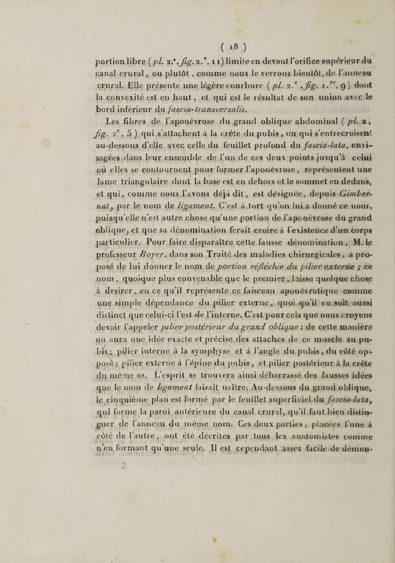 portion libre ( pl. 2.,,Jîg.2.c, 11) limite en devant l’orifice supérieur du canal crural, ou plutôt , comme nous le verrons bientôt, de l’anneau crural. Elle présente une légère courbure ( pl. 2.e yfig* i.re, 9) dont la convexité est en haut, et qui est le résultat de son union avec le bord inférieur du fascia-transversalis. Les fibres de l’aponévrose du grand oblique abdominal ( pl. 2 , fi g. 2e, 5 ) qui s’attachent à la crête du pubis , ou qui s’entrecroisent au-dessous d’elle avec celle du feuillet profond du fascia-lata, envi¬ sagées dans leur ensemble de l’un de ces deux points jusqu’à celui où elles se contournent pour former l’aponévrose, représentent une lame triangulaire dont la base est en dehors et le sommet en dedans, et qui, comme nous l’avons déjà dit, est désignée, depuis Girnber- naf par le nom de ligament. C’est à tort qu’on lui a donné ce nom, puisqu’elle n’est autre chose qu’une portion de l’aponévrose du grand oblique^ et que sa dénomination ferait croire à l’existence d’un corps particulier. Pour faire disparaître cette fausse dénomination, M. le professeur Boyer, dans son Traité des maladies chirurgicales, a pro¬ posé de lui donner le nom de portion réfléchie du pilier externe j ce nom , quoique plus convenable que le premier, laisse quelque chose à désirer, eu ce qu’il représente ce faisceau aponévrotique comme une simple dépendance du pilier externe , quoi qu’il en soit aussi distinct que celui-ci l’est de l’interne. C’est pour cela que nous croyons devoir l’appeler pilier postérieur du grand oblique: de celte manière on aura une idée exacte et précise des attaches de ce muscle au pu¬ bis ; pilier interne à la symphyse et à l’angle du pubis, du côté op¬ pose ; pilier externe à l’épine du pubis , et pilier postérieur à la crête du même os. L’esprit se trouvera ainsi débarrassé des fausses idées que le nom de ligament faisait naître. Au-dessous du grand oblique, le cinquième plan est formé par le feuillet superficiel du fascia-lata, qui forme la paroi antérieure du canal crural, qu’il faut bien distin¬ guer de l’anneau du même nom. Ces deux parties, placées l’une à côté de l’autre, ont été décrites par tous les anatomistes comme n’en formant qu’une seule. 11 est cependant assez facile de démon-