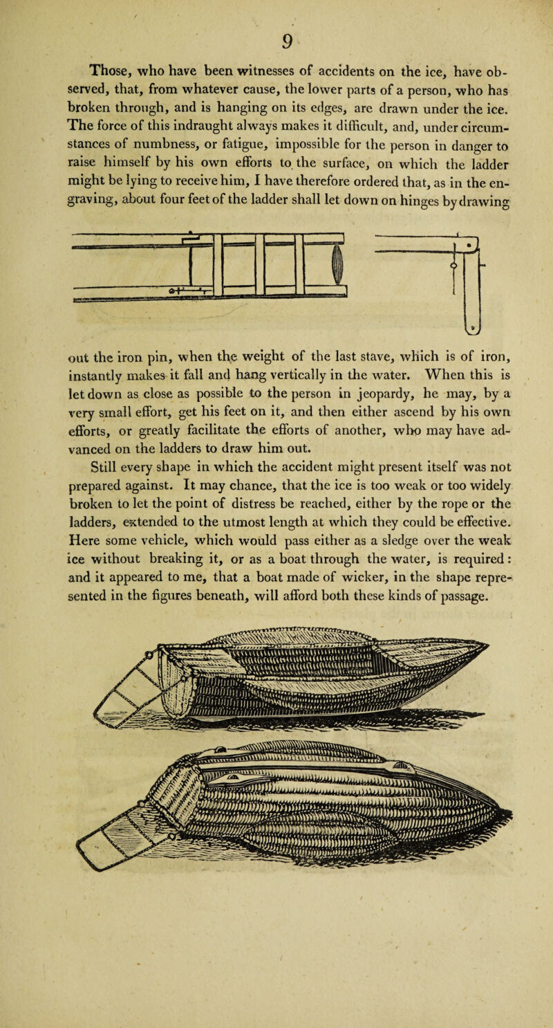 Those, who have been witnesses of accidents on the ice, have ob¬ served, that, from whatever cause, the lower parts of a person, who has broken through, and is hanging on its edges, are drawn under the ice. The force of this indraught always makes it difficult, and, under circum¬ stances of numbness, or fatigue, impossible for the person in danger to raise himself by his own efforts to the surface, on which the ladder might be lying to receive him, I have therefore ordered that, as in the en¬ graving, about four feet of the ladder shall let down on hinges by drawing out the iron pin, when the weight of the last stave, which is of iron, instantly makes it fall and hang vertically in the water. When this is let down as close as possible to the person in jeopardy, he may, by a very small effort, get his feet on it, and then either ascend by his own efforts, or greatly facilitate the efforts of another, who may have ad¬ vanced on the ladders to draw him out. Still every shape in which the accident might present itself was not prepared against. It may chance, that the ice is too weak or too widely broken to let the point of distress be reached, either by the rope or the ladders, extended to the utmost length at which they could be effective. Here some vehicle, which would pass either as a sledge over the weak ice without breaking it, or as a boat through the water, is required: and it appeared to me, that a boat made of wicker, in the shape repre¬ sented in the figures beneath, will afford both these kinds of passage.