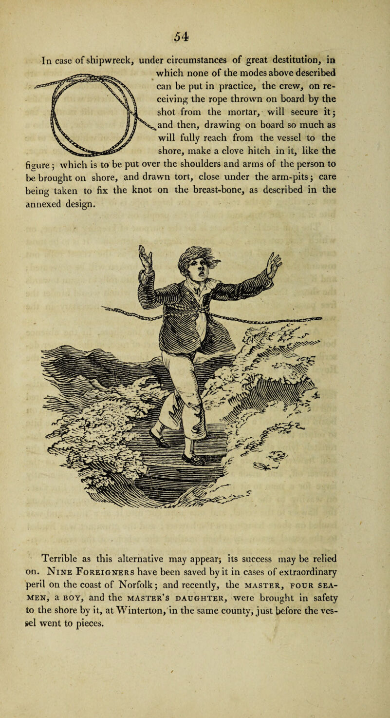 5 4 In case of shipwreck, under circumstances of great destitution, in which none of the modes above described can be put in practice, the crew, on re¬ ceiving the rope thrown on board by the shot from the mortar, will secure it 3 and then, drawing on board so much as will fully reach from the vessel to the shore, make a clove hitch in it, like the figure; which is to be put over the shoulders and arms of the person to be brought on shore, and drawn tort, close under the arm-pits; care being taken to fix the knot on the breast-bone, as described in the annexed design. Terrible as this alternative may appear; its success may be relied on. Nine Foreigners have been saved by it in cases of extraordinary peril on the coast of Norfolk; and recently, the master, four sea¬ men, a boy, and the master’s daughter, were brought in safety to the shore by it, at Winterton, in the same county, just before the ves¬ sel went to pieces.