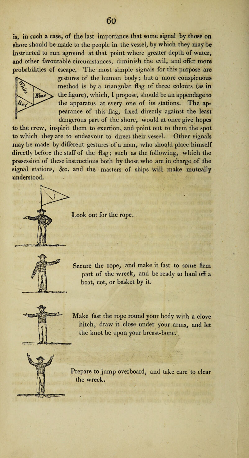 is, in such a case, of the last importance that some signal by those on shore should be made to the people in the vessel, by which they may be instructed to run aground at that point where greater depth of water, and other favourable circumstances, diminish the evil, and offer more probabilities of escape. The most simple signals for this purpose are gestures of the human body; but a more conspicuous method is by a triangular flag of three colours (as in the figure), which, I propose, should be an appendage to the apparatus at every one of its stations. The ap¬ pearance of this flag, fixed directly against the least dangerous part of the shore, would at once give hopes to the crew, inspirit them to exertion, and point out to them the spot to which they are to endeavour to direct their vessel. Other signals may be made by different gestures of a man, who should place himself directly before the staff of the flag; such as the following, which the possession of these instructions both by those who are in charge of the signal stations, &c. and the masters of ships will make mutually understood. Secure the rope, and make it fast to some firm part of the wreck, and be ready to haul off a boat, cot, or basket by it. Make fast the rope round your body with a clove hitch, draw it close under your arms, and let the knot be upon your breast-bone. Prepare to jump overboard, and take care to clear the wreck.