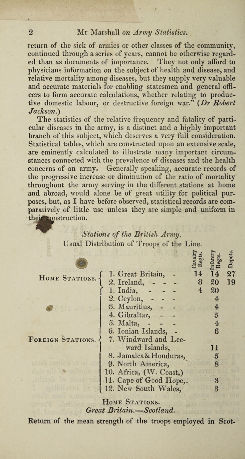 return of the sick of armies or other classes of the community, continued through a series of years, cannot be otherwise regard¬ ed than as documents of importance. They not only afford to physicians information on the subject of health and disease, and relative mortality among diseases, but they supply very valuable and accurate materials for enabling statesmen and general offi¬ cers to form accurate calculations, whether relating to produc¬ tive domestic labour, or destructive foreign war.” {Dr Robert Jackson.) The statistics of the relative frequency and fatality of parti¬ cular diseases in the army, is a distinct and a highly important branch of this subject, which deserves a very full consideration. Statistical tables, which are constructed upon an extensive scale, are eminently calculated to illustrate many important circum¬ stances connected with the prevalence of diseases and the health concerns of an army. Generally speaking, accurate records of the progressive increase or diminution of the ratio of mortality throughout the army serving in the different stations at home and abroad, would alone be of great utility for political pur¬ poses, but, as I have before observed, statistical records are com¬ paratively of little use unless they are simple and uniform in theuteonstruction. w ... Stations of the British Army. Usual Distribution of Troops of the Line. Home Stations { <’c5 > f Foreign Stations.- 1. Great Britain, - 2. Ireland, - 1. India, - 2. Ceylon, - 3. Mauritius, - 4. Gibraltar, 5. Malta, - 6. Ionian Islands, - 7. Windward and Lee¬ ward Islands, 8. Jamaica & Honduras, 9. North America, 10. Africa, (W. Coast,) 11. Cape of Good Hope,. 12. New South Wales, 14 8 4 14 20 20 4 4 5 4 6 11 5 8 3 3 27 19 Home Stations. Great Britain.—Scotland. Return of the mean strength of the troops employed in Scot-