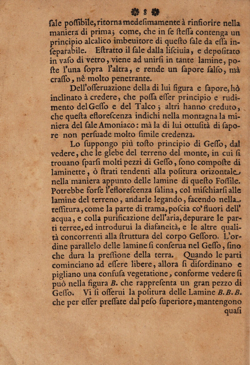 4M 41 fale potàbile, ritorna mcdefimamente à rinfiorìre nella maniera di prima* come, che in fé ftefla contenga un principio alcalico imbeuitore di quefto fale da effa in- fepaiabile. Eftratto il fale dalla lifciuia, e depofitato in vafo di vetro, viene ad unirli in tante lamine, po¬ lle Tuna fopra falera, e rende un fapore falfo, mà eraflb , nè molto penetrante. Delfofleruazione della di lui figura e fapore, ho inclinato à credere, che porta efler principio e rudi¬ mento del Geflb e del Talco * altri hanno creduto, che quella eflorefeenza indichi nella montagna la mi¬ niera del fale Amoniacoi mà la di lui ottufità di fapo¬ re non perfuade molto limile credenza. Lo fuppongo più torto principio di Geflb, dal vedere, che le glebe del terreno del monte, in cui fi trouano fparfi molti pezzi di Geffo, fono compofte di laminette, ò Arati tendenti alla politura orizontalo nella maniera appunto delle lamine di quefto Follile. Potrebbe forfè Feflorefcenza falina, col mifchiarfialle lamine del terreno, aiidarle legando, facendo nella.* teflitura,come la parte di trama,pofeia co*fluori dell* acqua, e colla purificazione delfaria, depurare le par¬ ti terree, ed introdurui la diafaneità, e le altre quali¬ tà concorrenti alla ftruttura del corpo Gefforo. L'or¬ dine parallelo delle lamine fi conferua nel Geflb, fino che dura la preflìcne della terra. Quando le parti cominciano ad eflere libere, allora fi difordinano e pigliano una confufa vegetatione, conforme vedere fi può nella figura B. che rapprefenta un gran pezzo di Geflb. Vi fi oflerui la politura delle Lamine B.B.B. che per efler preflate dalpefo fuperiore, mantengono