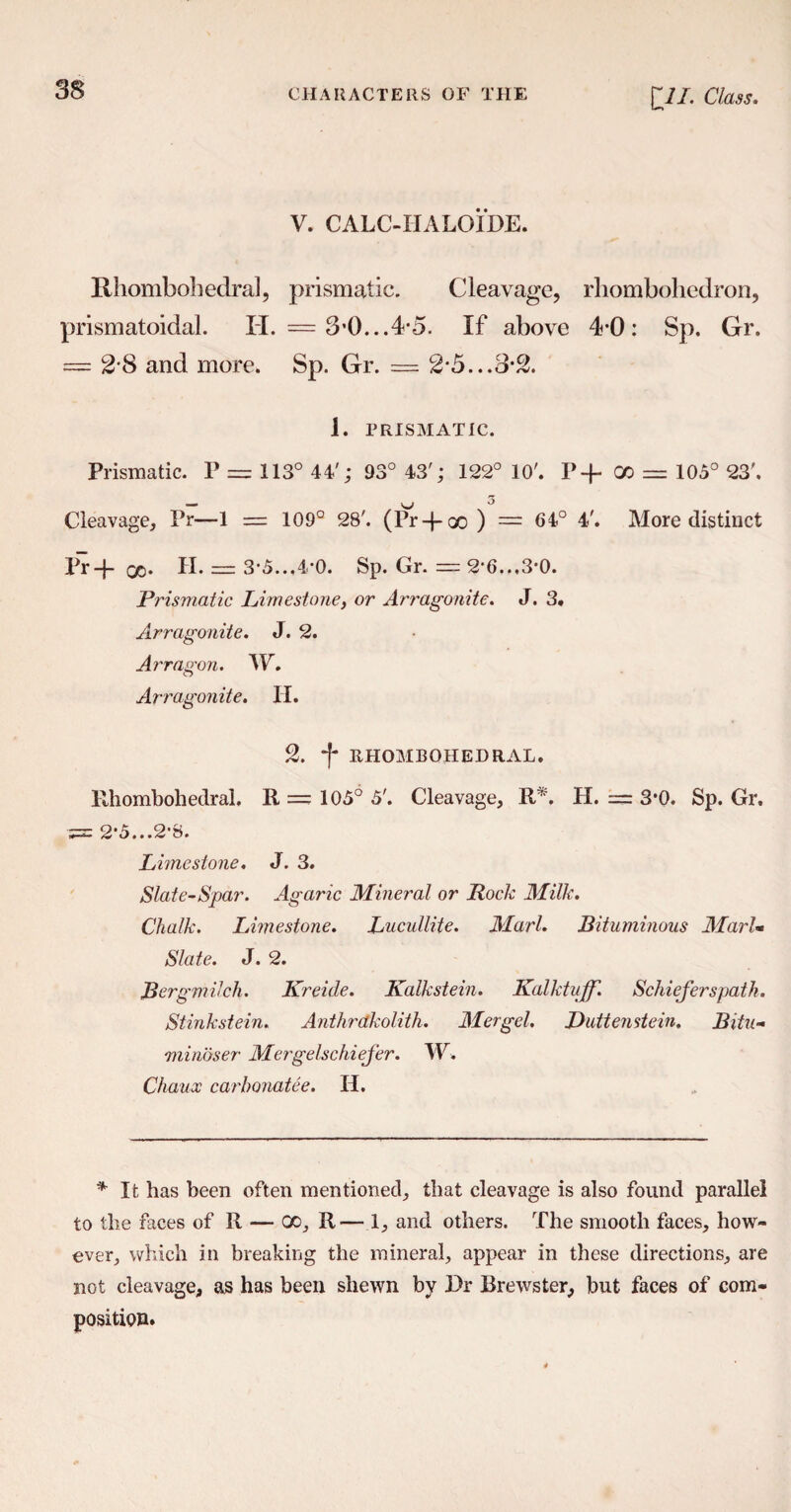 V. CALC-IIALOIDE. Rhombobedral, prismatic. Cleavage, rliomboliedron, prismatoidal. H. = 3*0...4-5. If above 4-0: Sp. Gr. — 2-8 and more. Sp. Gr. = 2*5...3-2. 1. PRISMATIC. Prismatic. P = 113° 44'; 93° 43'; 122° 10'. I’+OD= 105° 23'. Cleavage, Pr—1 = 109° 28'. (Pr-f-oo) = 64° 4'. More distinct Pr-f qo. II. = 3-5...4-0. Sp. Gr. = 2*6...3*0. Prismatic Limestone, or Arragonite. J. 3. Arragonite. J. 2. Arragon. w. Arragonite. II. 2. f RHOMBOHEDRAL. Rhombohedral. II = 105° 5'. Cleavage, R*. H. == 3'0. Sp. Gr. •5= 2*5...2*8. Limestone. J. 3. Slate-Spar. Agaric Mineral or Rock Milk. Chalk. Limestone. Lucullite. Marl. Bituminous MarU Slate. J. 2. Bergmilch. Kreide. Kalkstein. Kalktuff. Schieferspath. Stinkstein. Anthrdkolith. Mergel. Vuttenstein. Bitu- mindser Mergelschiefer. W. Chaux carhonatee. II. * It has been often mentioned, that cleavage is also found parallel to the faces of R — GO, R— 1, and others. The smooth faces, how¬ ever, which in breaking the mineral, appear in these directions, are not cleavage, as has been shewn by Dr Brewster, but faces of com¬ position.