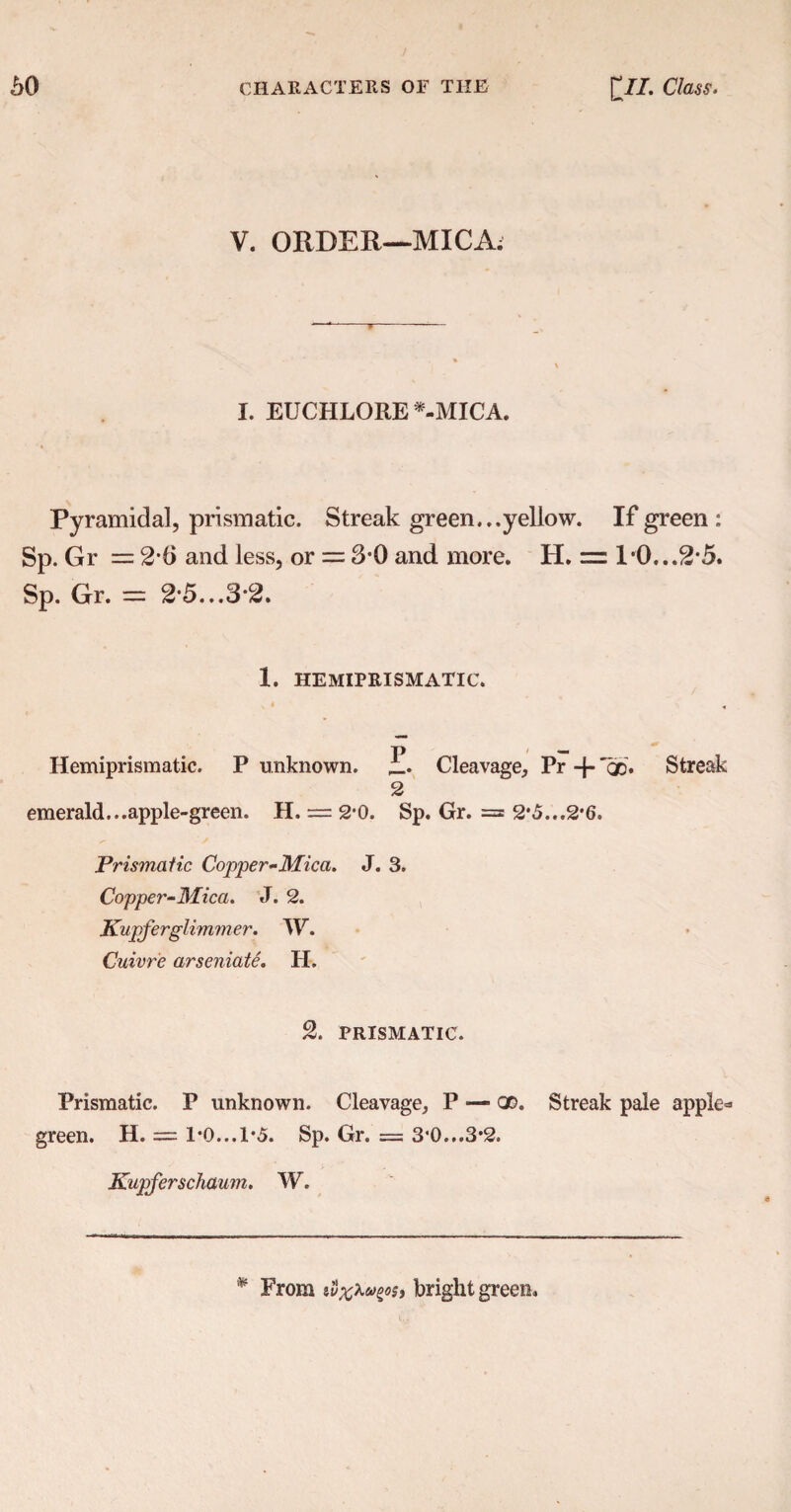 V. ORDER—MICA; I. EUCHLORE *-MICA. Pyramidal, prismatic. Streak green...yellow. If green: Sp. Gr = 26 and less, or = 3*0 and more. H. = 1’0...2#5. Sp. Gr. = 2-5...3*2. 1. HEMIPRISMATIC. Hemiprisraatic. P unknown, emerald...apple-green. H. = 2*0. Prismatic Copper-Mica. J. Copper-Mica. J. 2. Kupferglimmer. W. Cuivre arseniate. H. T> > «— i.. Cleavage, Pr + qd. 2 Sp. Gr. = 2,6...2,6. 3. Streak 2. PRISMATIC. Prismatic. P unknown. Cleavage, P —» QD. Streak pale apple* green. H. = 1*0... 1*5. Sp. Gr. = 3'0...3'2. Kupferschaum. W. * From tvx^os, bright green.