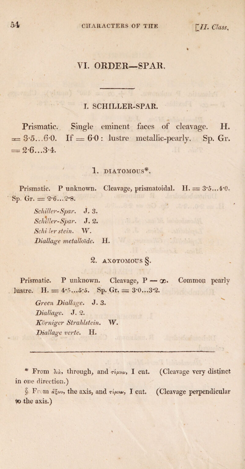 VI. ORDER—SPAR. I. SCHILLER-SPAR. Prismatic. Single eminent faces of cleavage. H. 3= 3*5...6-0. If — 6 0 : lustre metallic-pearly. Sp. Gr. = 2-6.. .3-4. 1. DIATOMOUS*. Prismatic. P unknown. Cleavage, prismatoidal. H. = 3*5...4*0. Sp. Gr. = 2’6...2*8. Schiller-Spar. J. 3. Schiller-Spar. J. 2. Schiler stein. W. Diallage metallolde. H. 2. AXOTOMOtTS §. Prismatic. P unknown. Cleavage, P — oo. Common pearly lustre. H. — 45*5. Sp. Gr. = 3*0...3*2. Green Diallage. J. 3. Diallage. J. 2. Karniger Strahlstein. W. Diallage verte. H. * From through, and I cut. (Cleavage very distinct in one direction.) § Fn,m the axis, and ripw, I cut. (Cleavage perpendicular to the axis.)