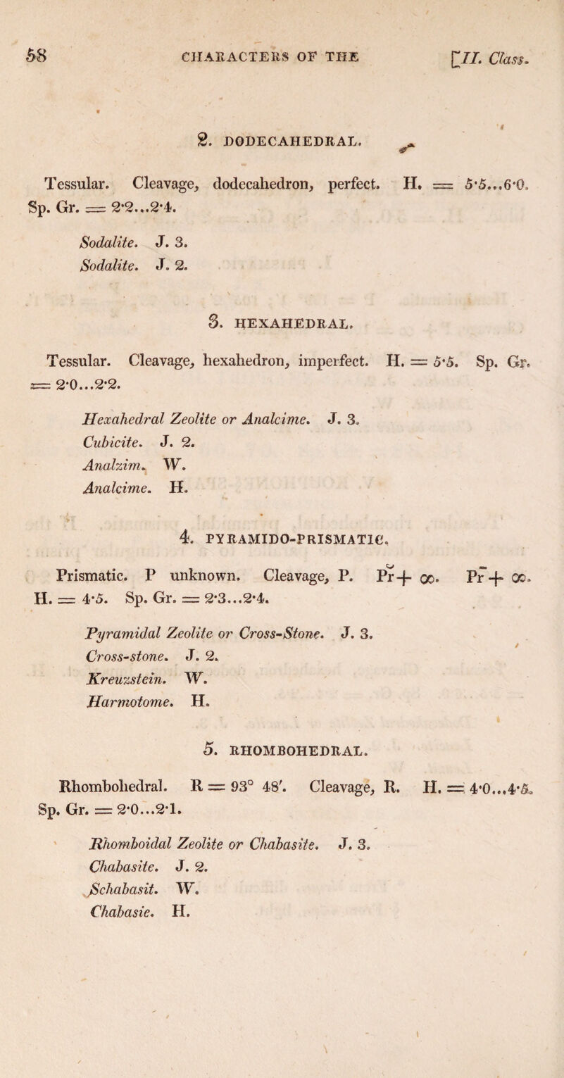 2. DODECAHEDRAL. ^ Tessular. Cleavage, dodecahedron, perfect. H. = 5*5...6*0. Sp. Gr. = 2*2...2*4. Sodalite. J. 3. Sodalite. J. 2. 3. hexahedrai. Tessular. Cleavage, hexahedron, imperfect. H. = 5*5. Sp. Gr. e= 2-0...2*2. Hexahedrai Zeolite or Analcime. J. 3. Cubicite. J. 2. Ana,him. W. I Analcime. H. 4. PYRAMIDO-PRISMAT1C. W a» Prismatic. P unknown. Cleavage, P. Pr-f- oo. Pr-{« oo. H. = 4*5. Sp. Gr. = 2*3...2*4. Pyramidal Zeolite or Cross-Stone. J. 3. / Cross-stone. J. 2. Kreuzstein. W. Harmotome. H. 5. RHOMBOHEDRAL. Rhomboliedral. 11 = 93° 48'. Cleavage, R. H. = 4,0...4*5» Sp. Gr. = 2*0...2T. Rhomboidal Zeolite or Chabasite. J. 3. Chabasite. J. 2. fichabasit. W. Chabasie. H. i