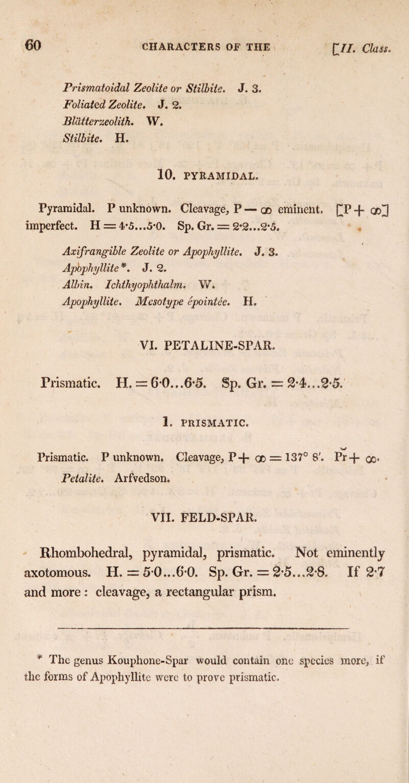 €0 CHARACTERS OF THE £//. Class. Prismatoidal Zeolite or Stilbite. J. 3. Foliated Zeolite. J. 2. Blatterzeolith. W. Stilbite. H. 10. PYRAMIDAL. Pyramidal. P unknown. Cleavage, P — go eminent. £P -f imperfect. H = 4*5...5-0. Sp. Gr. = 2*2...2*5. # - Axifrangible Zeolite or Apophyllite. J. 3. Apbphyllite*. J. 2. Albin. Ichthyophthalm. Vi. Apophyllite. Mesotype epointee. H. VI. PETALINE-SPAR. Frismatic. H. = 60...6*5. Sp. Gr. = 2*4...25. 1. PRISMATIC. W Prismatic. P unknown. Cleavage, P-{- <x> = 137° 8'. Pr+ oo» Petalite. Arfvedson. VII. FELD-SPAR. Rhombohedral, pyramidal, prismatic. Not eminently axotomous. H. = 5*0...6*0. Sp. Gr. = 2*5...2-8. If 2*7 and more : cleavage, a rectangular prism. ¥ The genus Kouphone-Spar would contain one species more, if the forms of Apophyllite were to prove prismatic.