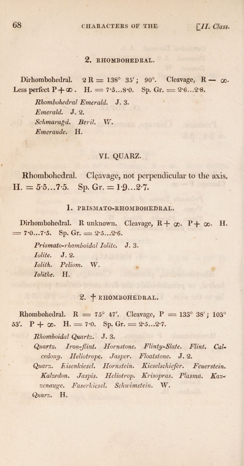 2. RHOMBOHEDRAL. Dirhombohedral. 2R=138° 35'; 90°. Cleavage, R— oo. Less perfect P-f-CjD . II. = 7*5...8*0. Sp. Gr. — 2*6...2-8. Rhombohedral 'Emerald. J. 3. Emerald. J. 2. / Schmaragd. Beril. W. Emeraude. H. VI. QUARZ. Rhombohedral. Cleavage, not perpendicular to the axis. H. = 55...7-5. Sp. Gr. = !*£)...2-7. 1. PRISMATO-RHOMBOHEDRAL. Dirhombohedral. R unknown. Cleavage, R+ GO* P-j- oo. H. == 7-0...7*5. Sp. Gr. = 2-5...2-6. Prismato-rhomboidal lolite. J. 3. Iolite. J. 2. Iolith. Peliom. W. lolithe. H. 2. *(* RHOMBOHEDRAL. Rhombohedral. R = 75° 47'. Cleavage, P — 133° 38'; 103° 53'. P -f oo. H. = 7*0. Sp. Gr. = 2-5...2-7. Rhomhoidal Quartz. J. 3. Quartz. Iron-Jlint. Hornstone. Plinth-Slate. Flint. Cal- cedony. Heliotrope. Jasper. Floatstone. J. 2. Quarz. Eisenkiescl. Hornstein. Kieselschiefer. Feuerstein. Kalzedon. Jaspis. Heliotrop. Krisopras. Plasma. Kaz- zcnange. Faserhiesel. Schwimstein. W. Quarz. H.