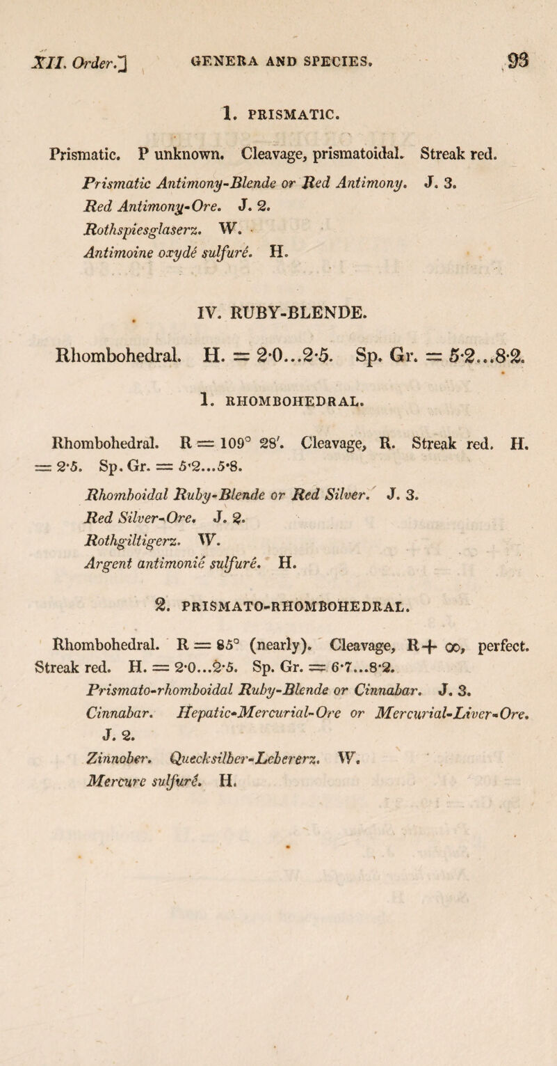 1. PRISMATIC. Prismatic. P unknown. Cleavage, prismatoidaL Streak red. Prismatic Antimony-Blende or Bed Antimony. J. 3. Red Antimony-Ore. J. 2. Rotkspiesglaserz. W. • Antimoine oxyde sulfure. H. IV. RUBY-BLENDE. Rhombohedral. H. = 2*0...2*5. Sp. Gr. = 5*2..*8-2. 1. RHOMBOHEDRAL. Rhombohedral. R = 109° 28'. Cleavage, R. Streak red. H. = 2*5. Sp. Gr. = 5’2...5*8. Rhomhoidal Ruby-Blende or Red Silver. J. 3. Red Silver-Ore. J. % Rothgiltigerz. TV. Argent antimonie sulfure. H. 2. PRISMATO-RHOMBOHEDRAL. Rhombohedral. R — 85° (nearly). Cleavage, R-f- oo, perfect. Streak red. H. = 2*0...£'5. Sp. Gr. 6*7...8*2. Prismato-rhomboidal Ruby-Blende or Cinnabar. J. 3. Cinnabar. Hepatic-Mercurial-Ore or Mercurial-Liver-Ore. J. 2. Zinnober. Quecksilber-Leber erz. TV. Mercure sulfurL H.